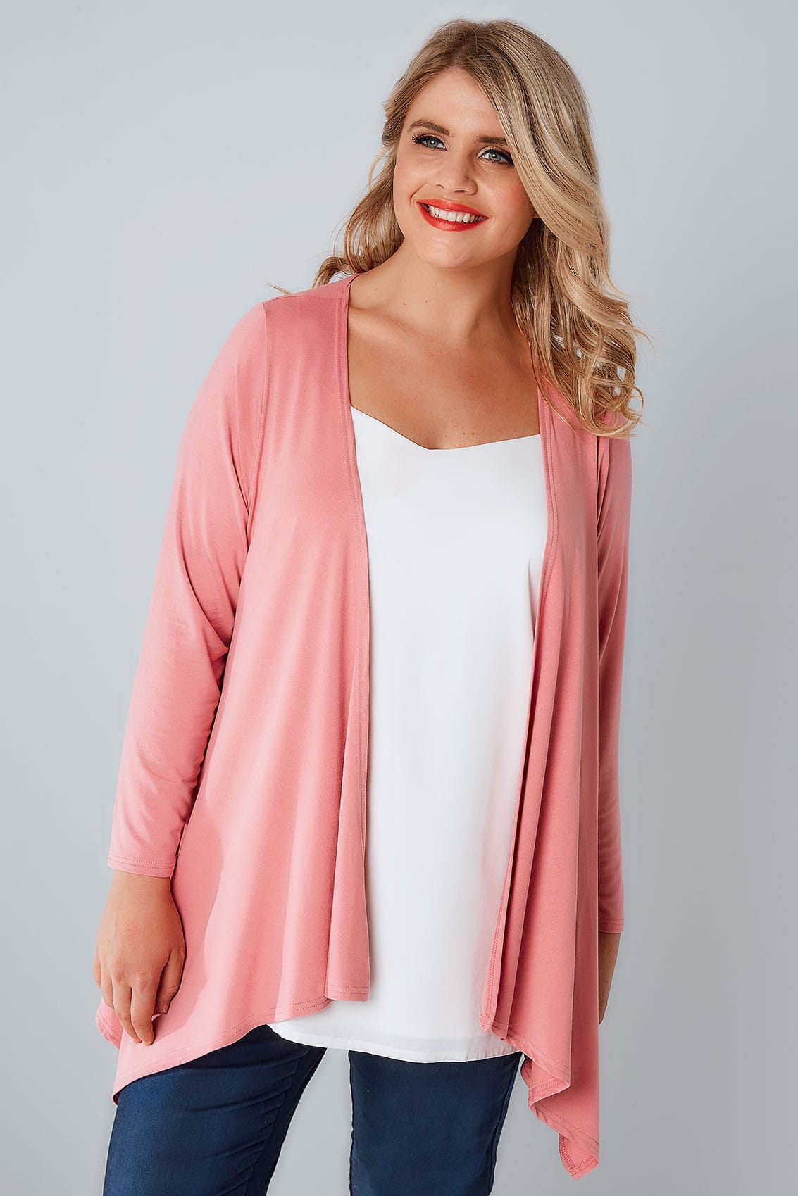 Blush Pink Edge To Edge Waterfall Jersey Cardigan, Plus size 16 to 36