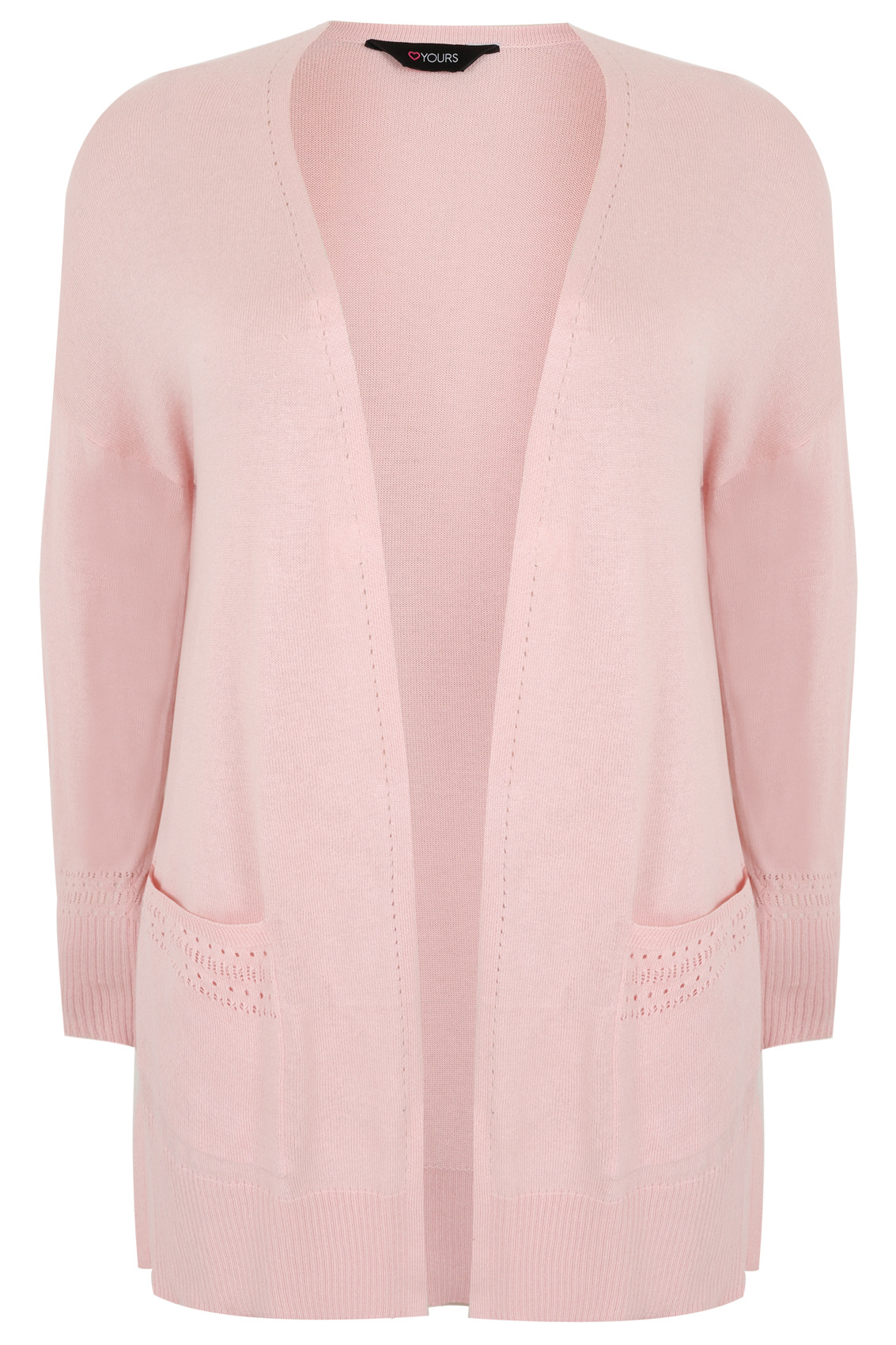 Blush Pink Longline Cardigan With Pointelle Pocket & Cuff Detail, Plus ...