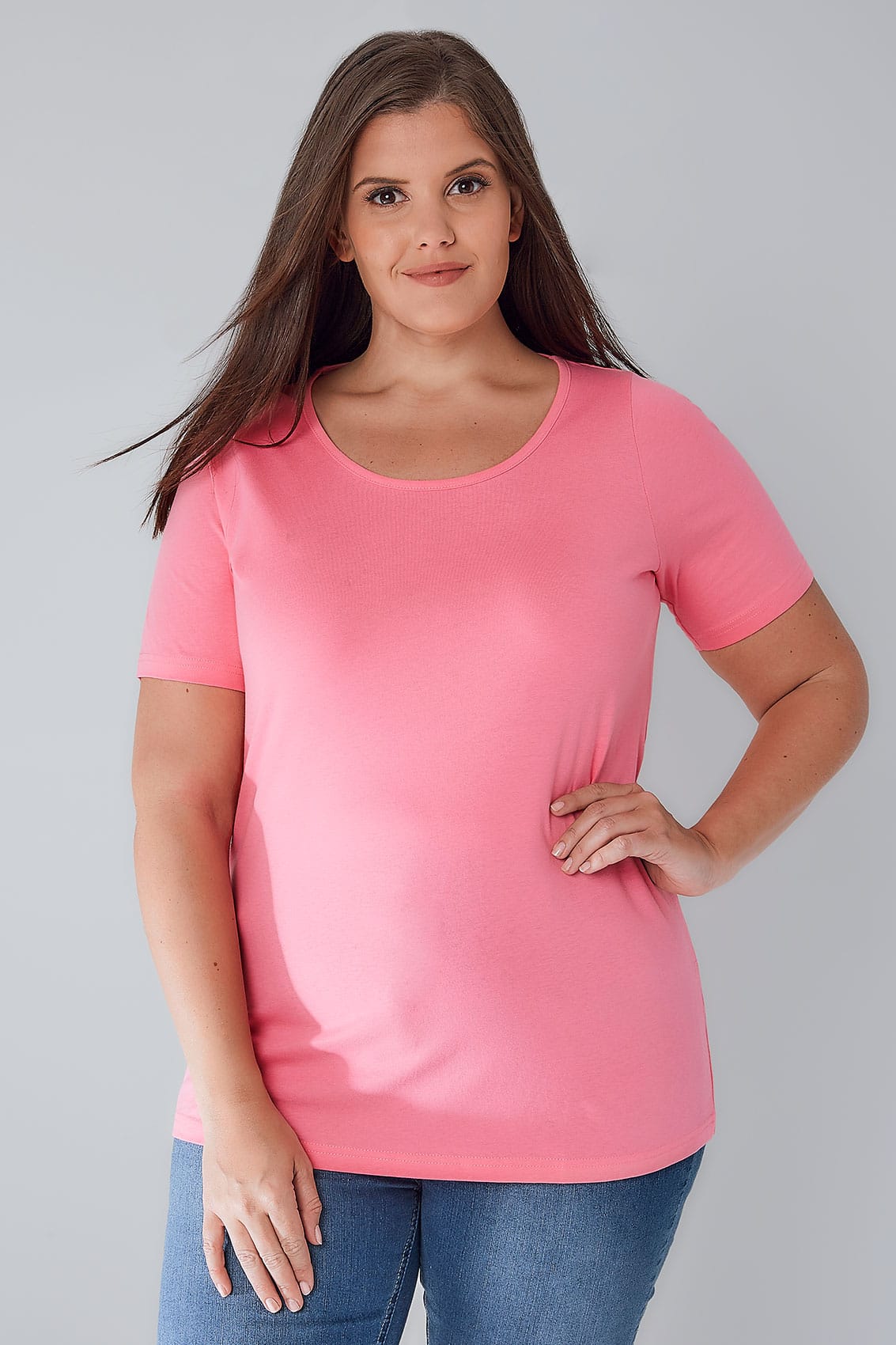 Bubblegum Pink Scoop Neck Basic T-Shirt, Plus size 16 to 36
