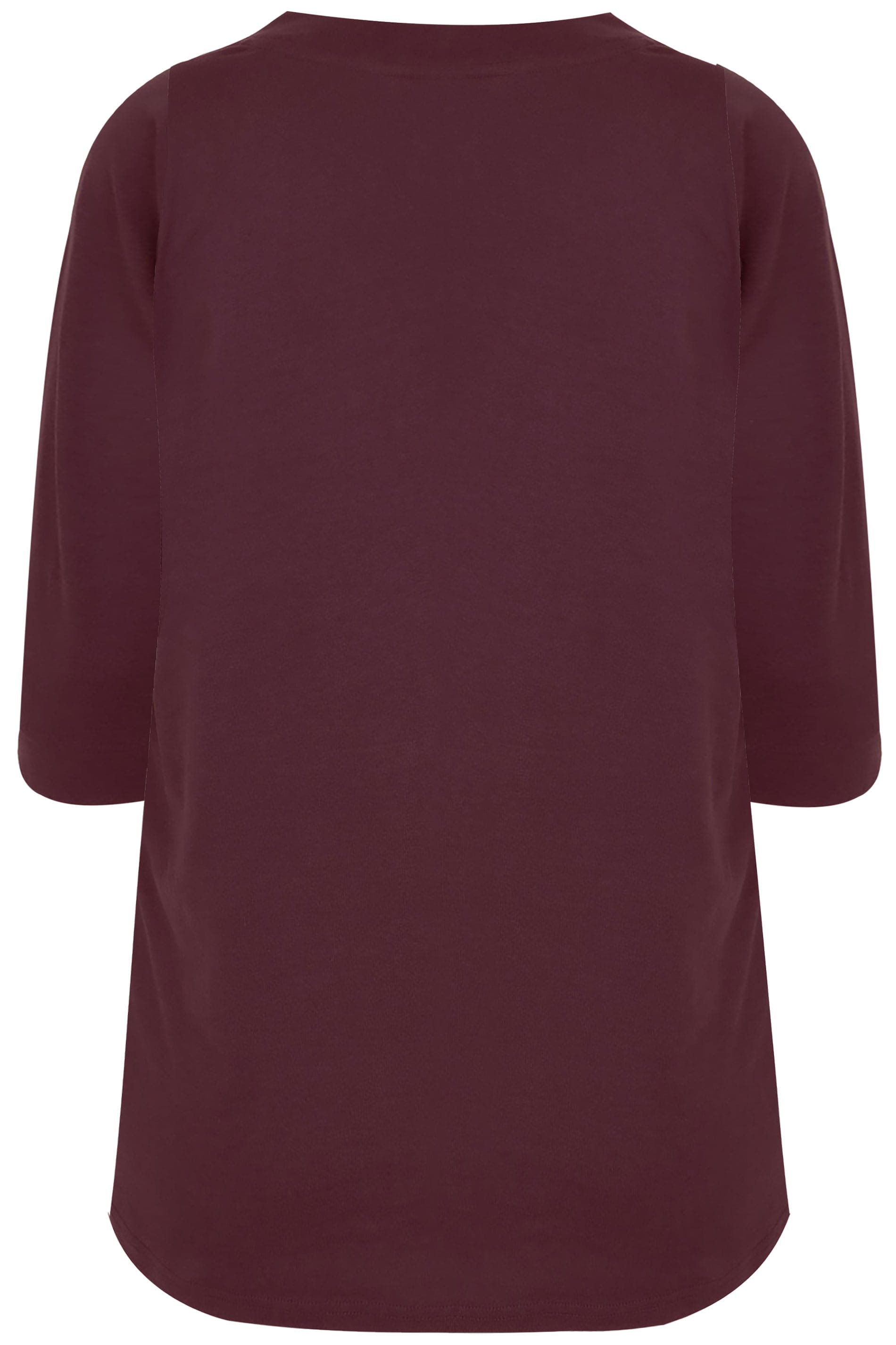 Burgundy Band Scoop Neckline T-Shirt With 3/4 Sleevess, Plus size 16 to 36