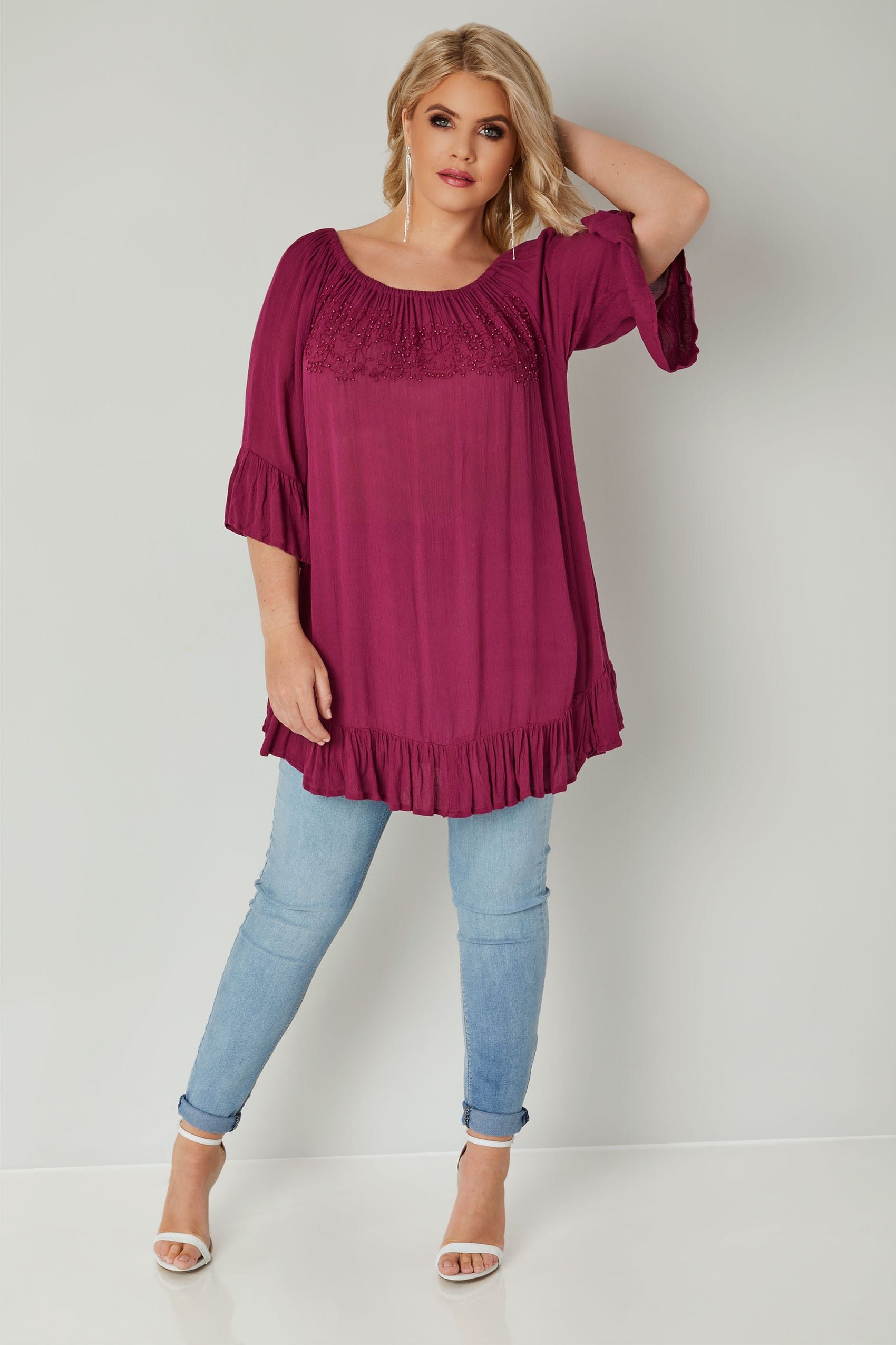 Burgundy Bardot Gypsy Top With Beaded Details & Flute Sleeves, Plus ...