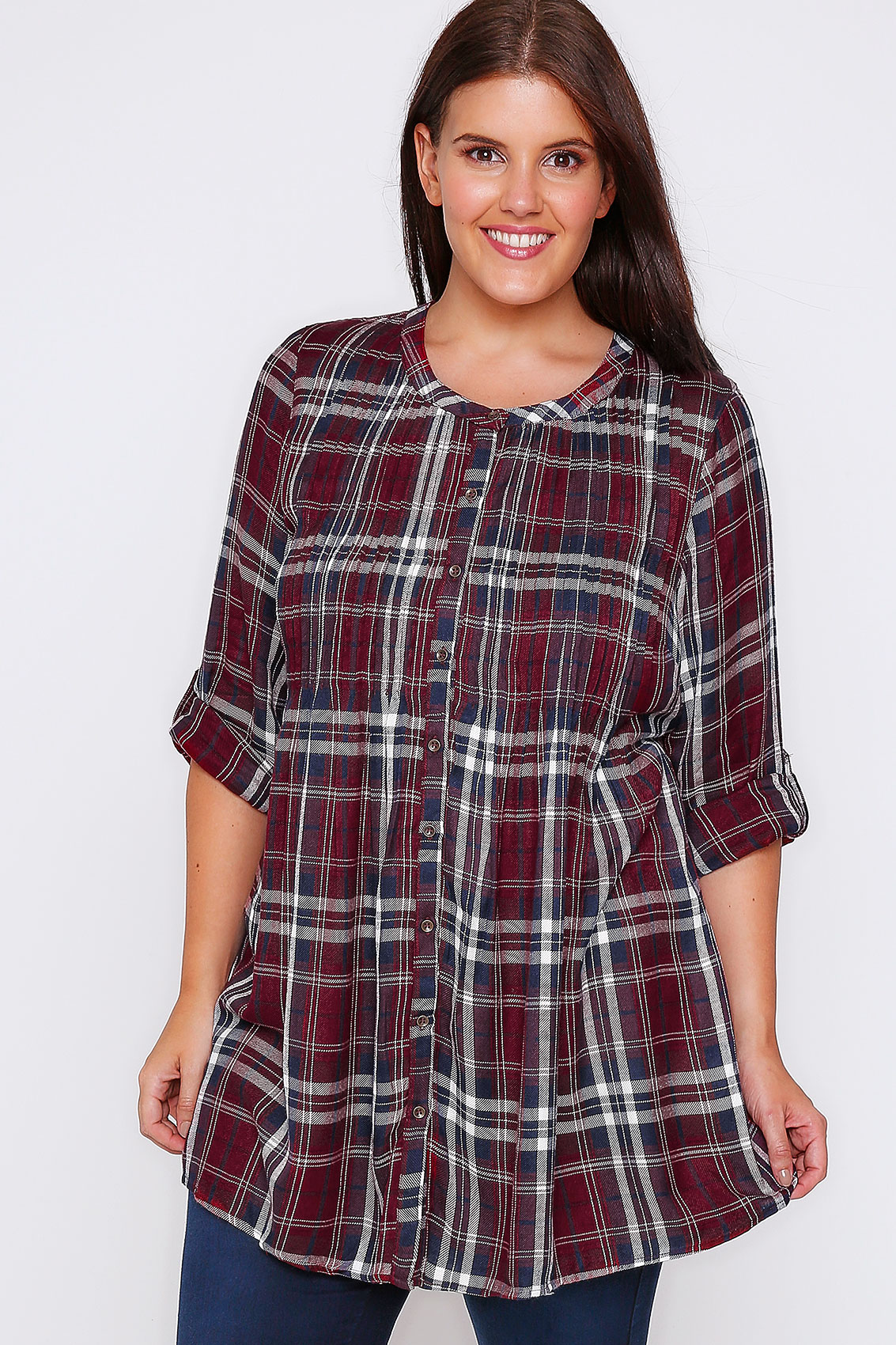 Burgundy Checked Longline Collarless Shirt With Pintuck D Plus Size 16 ...