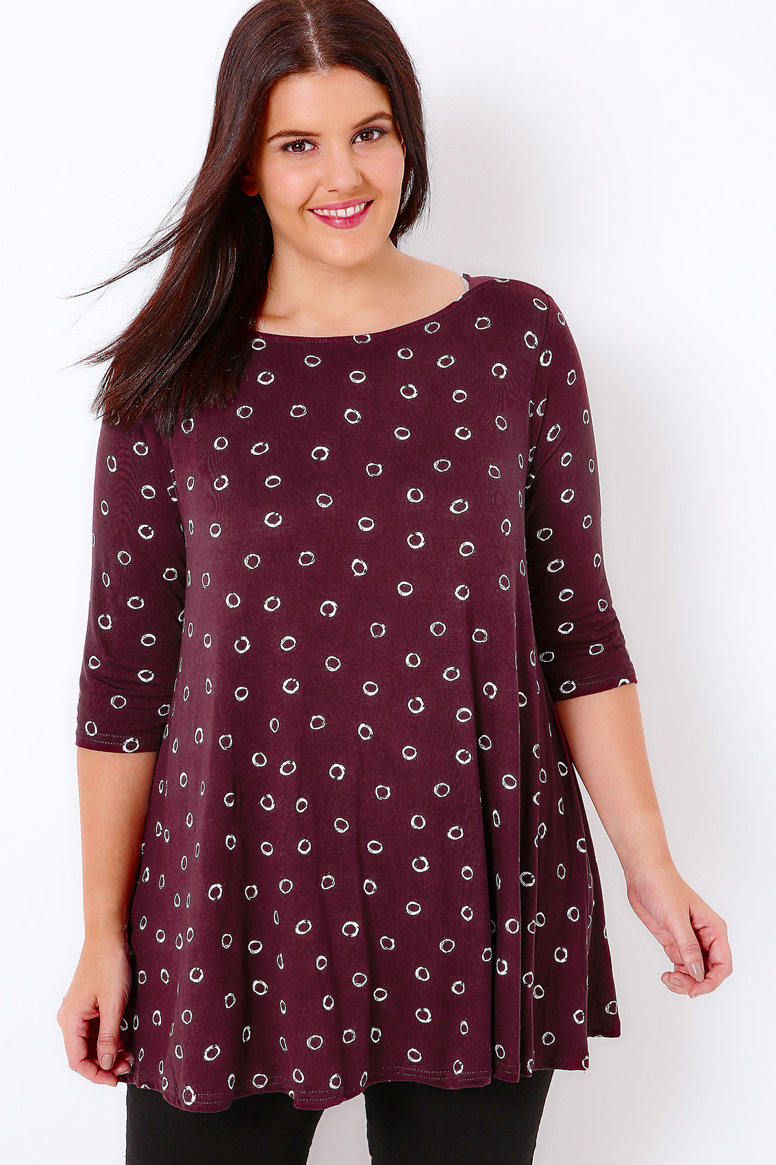 Burgundy Circle Print Top With Envelope Neckline, Plus Size 16 to 36
