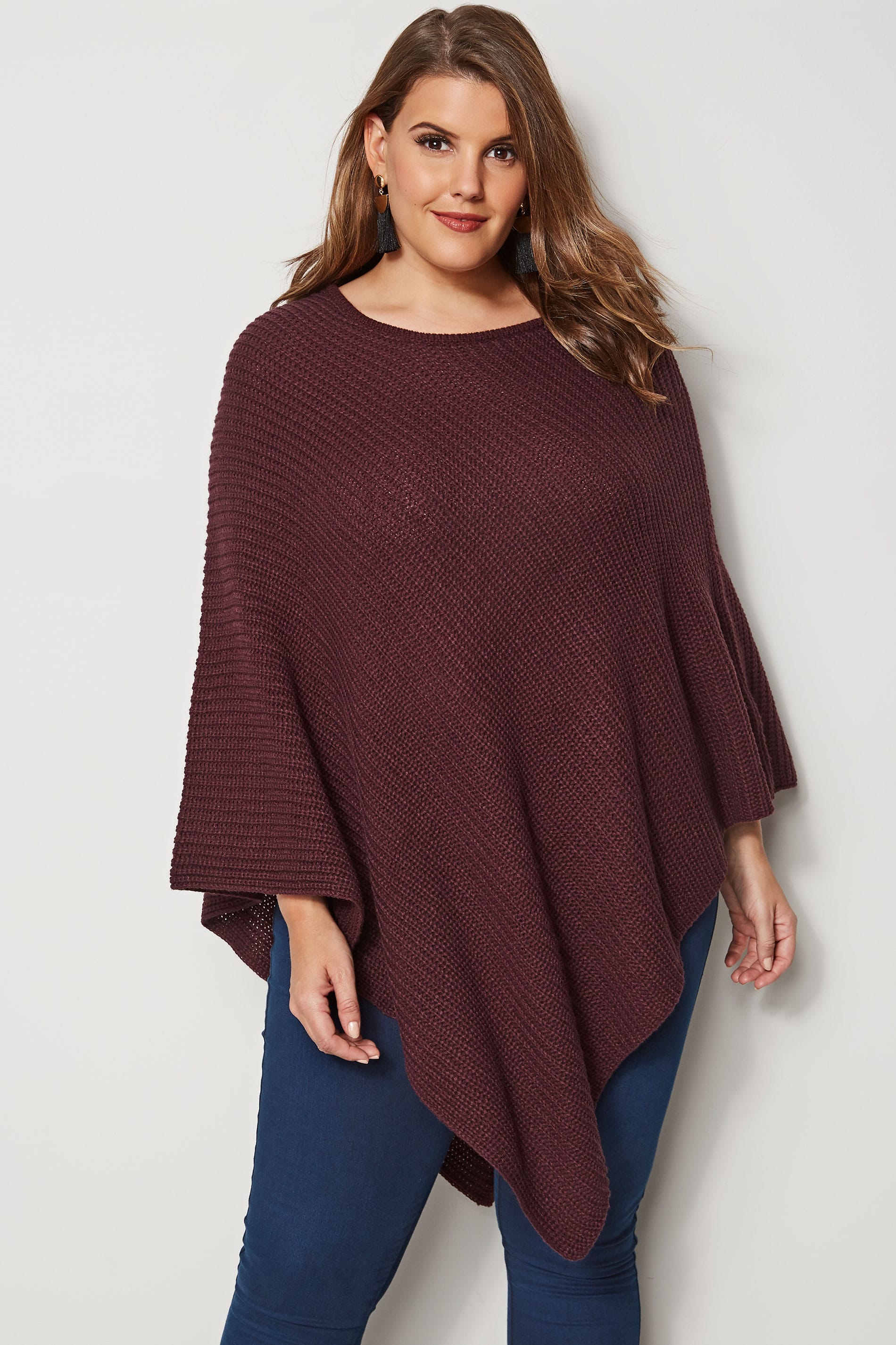 Burgundy Knitted Poncho, plus size 16 to 32