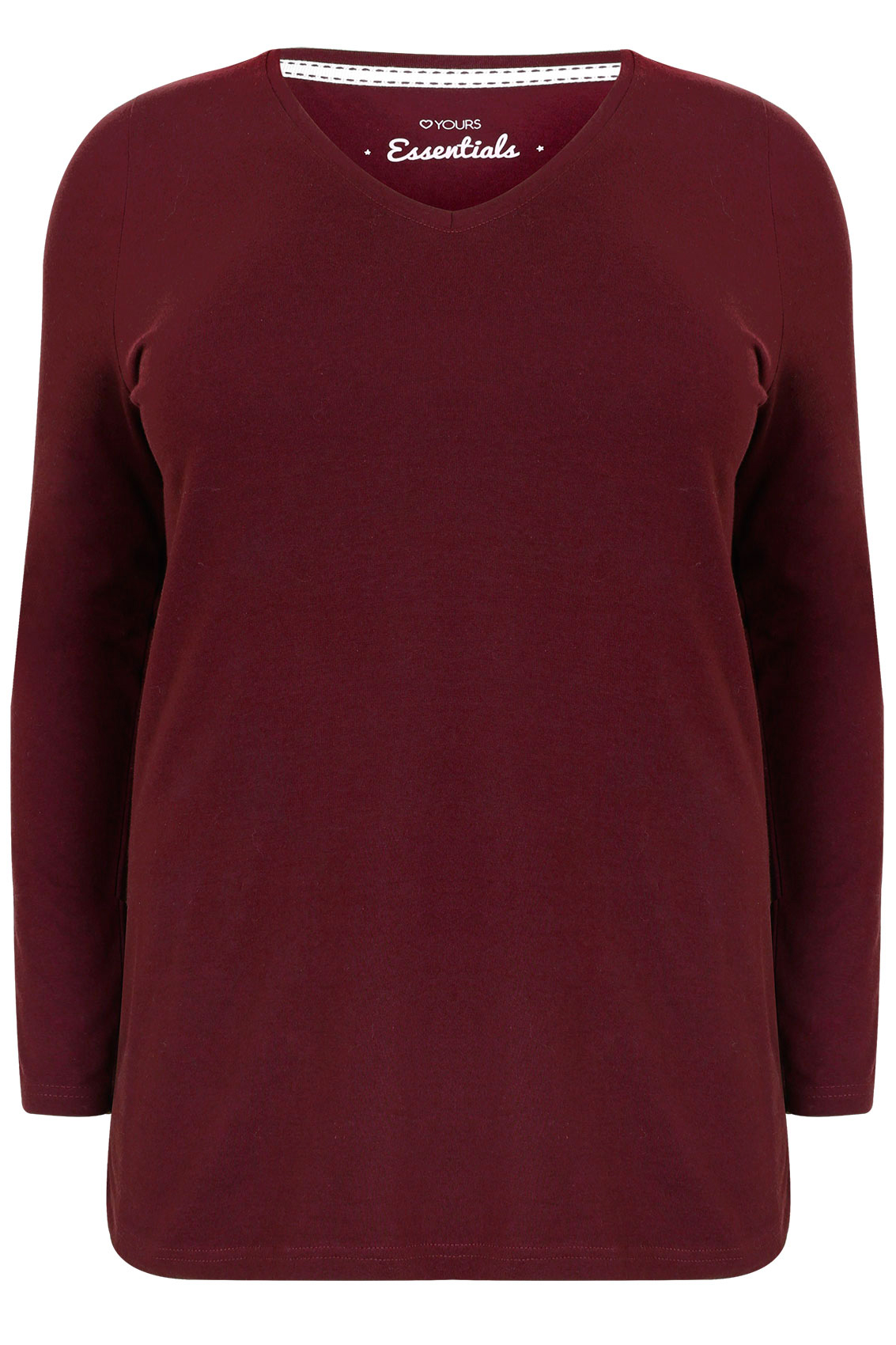 Burgundy Long Sleeve V-Neck Plain T-Shirt, Plus 16,18,20,22,24,26,28,30