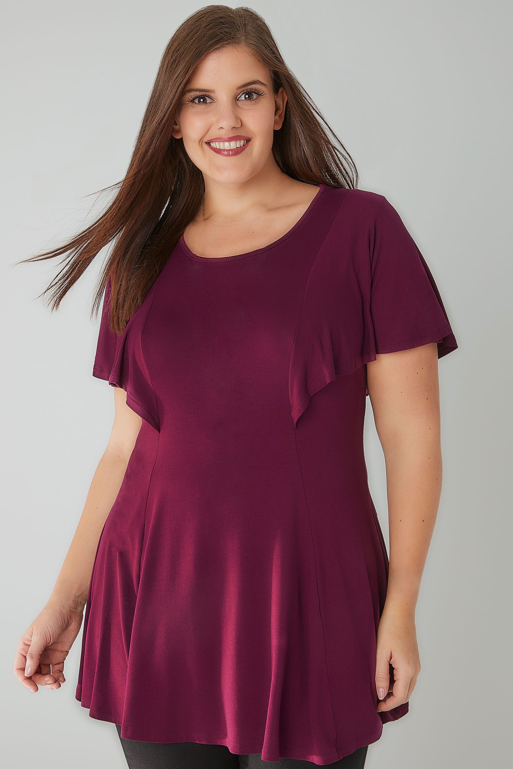 Burgundy Peplum Top With Frill Angel Sleeves , Plus size 16 to 36