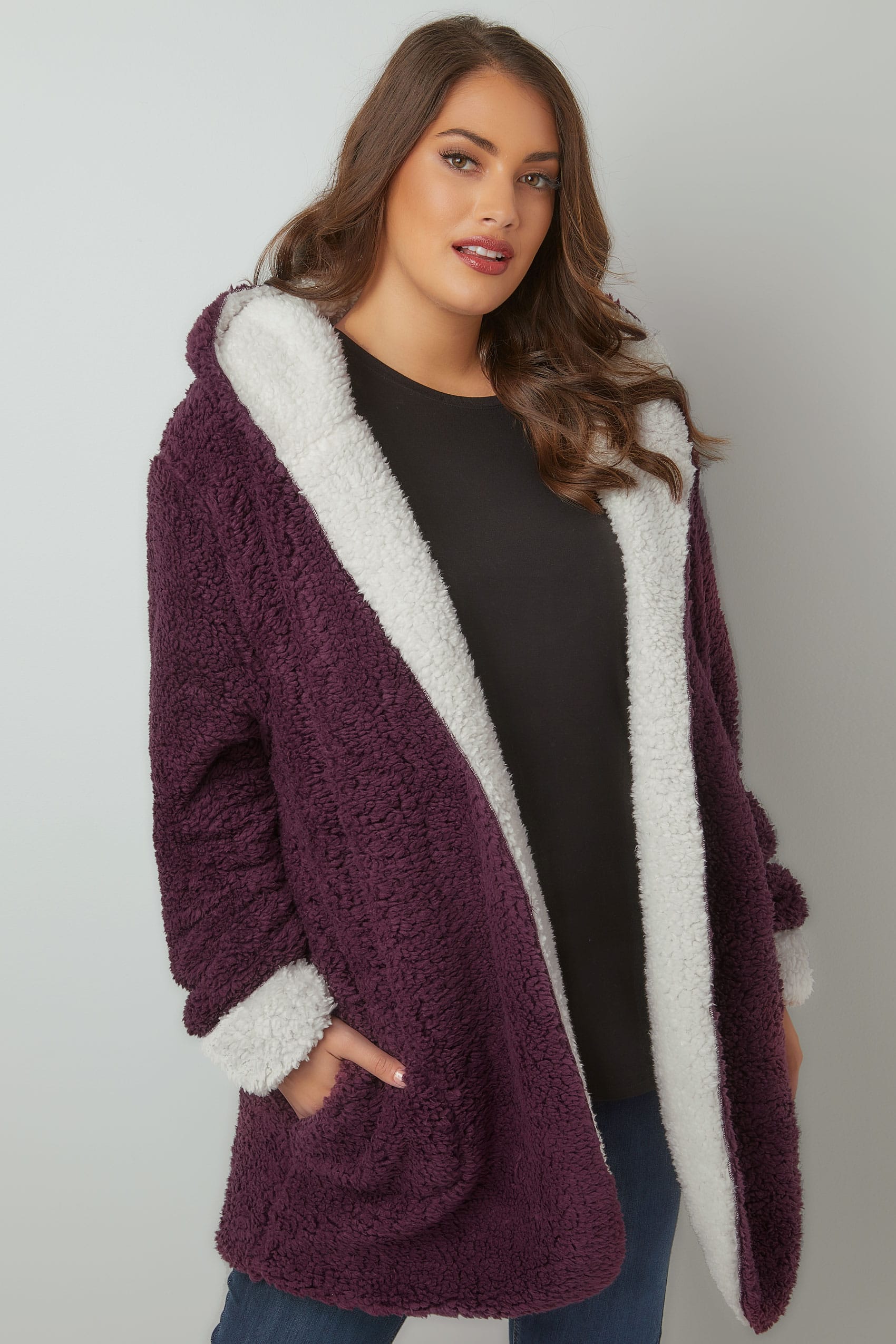 Burgundy Reversible Fleece Coat With Hood, Plus size 16 to 36