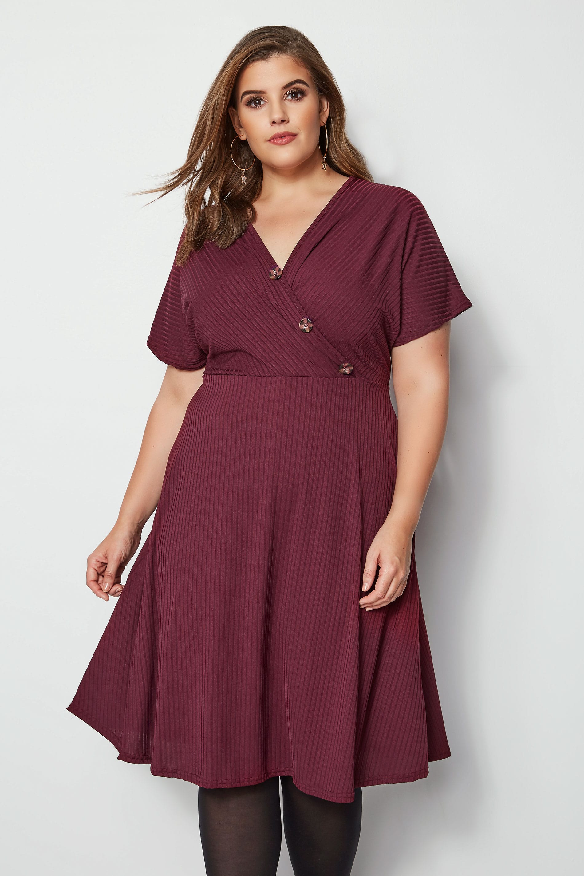 Burgundy Ribbed Wrap Front Dress, Plus size 16 to 36