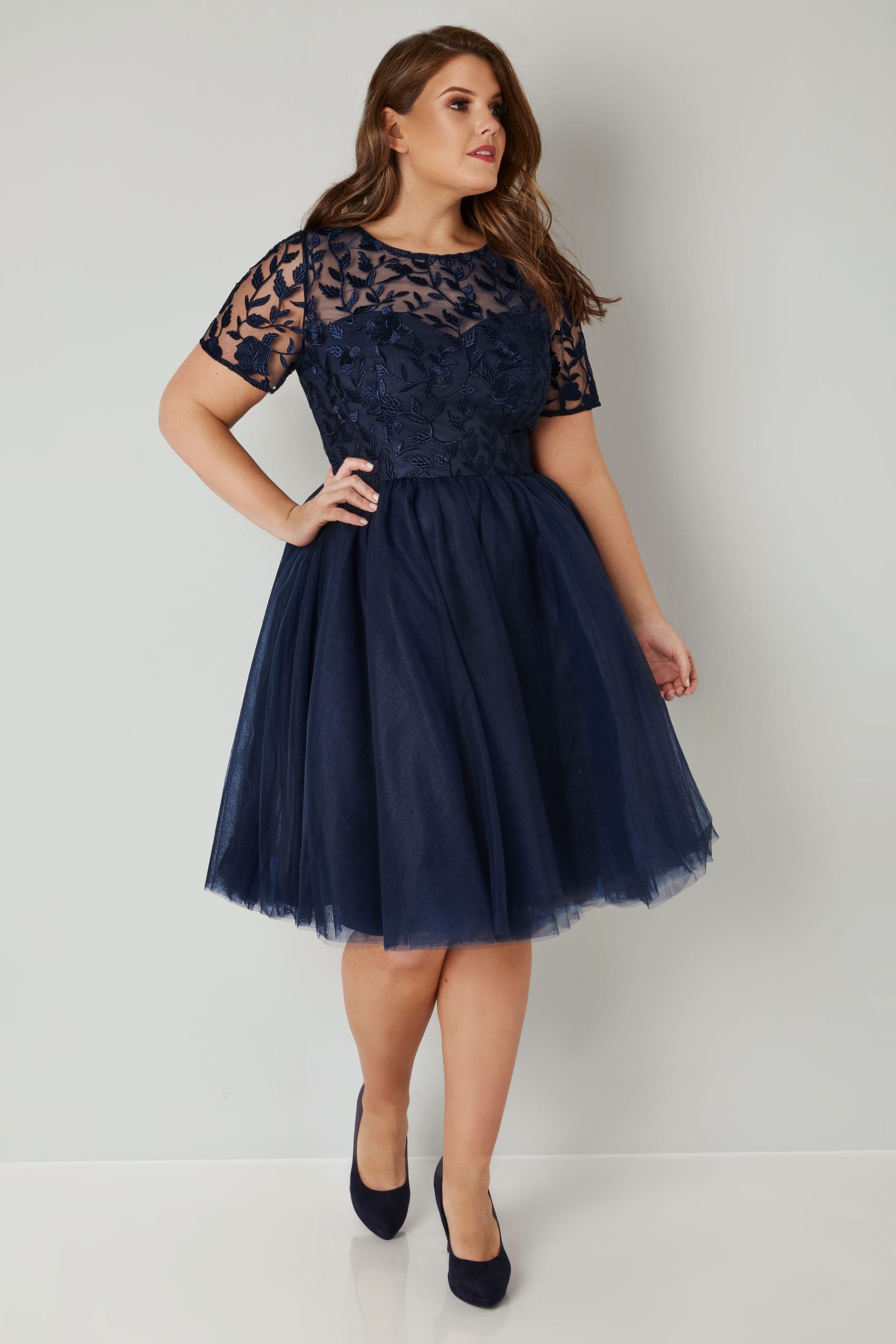 CHI CHI Navy Skater Dress With Floral Lace Bodice & Mesh Skirt, Plus ...