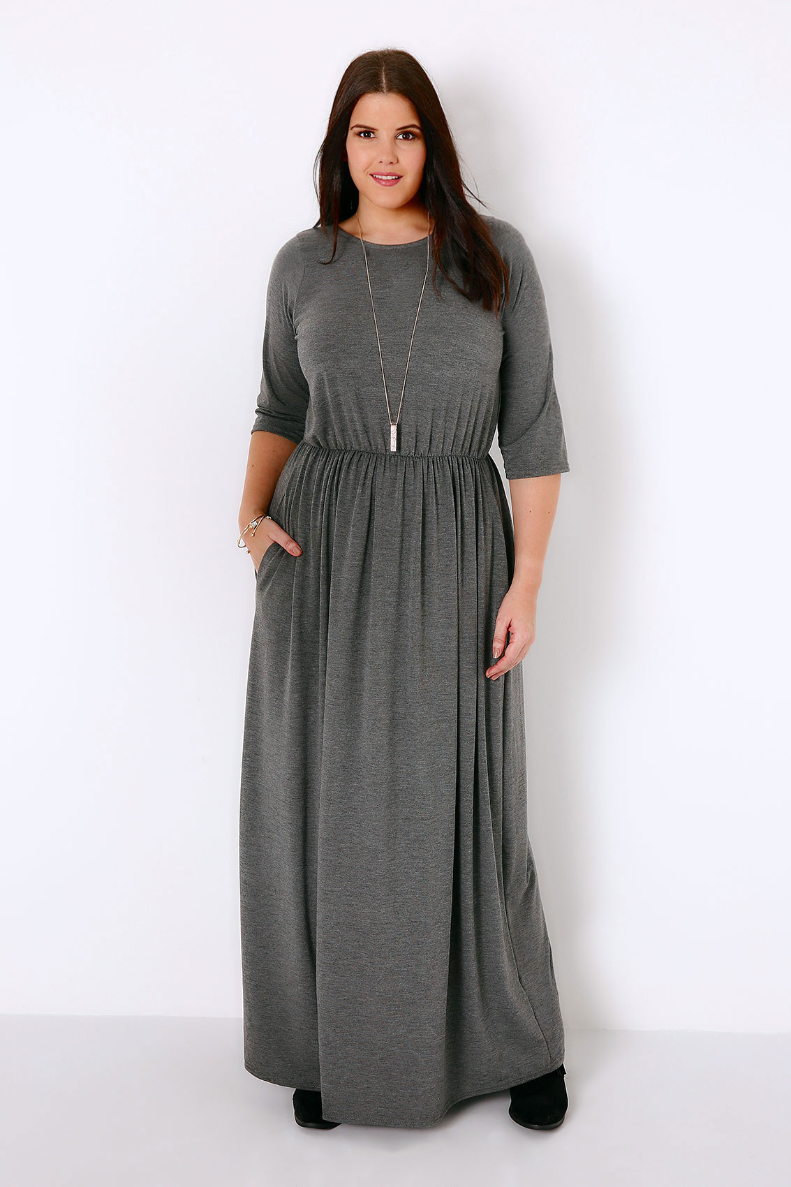 Charcoal Grey Jersey Maxi Dress With Ruched Waist, Plus size 16 to 32