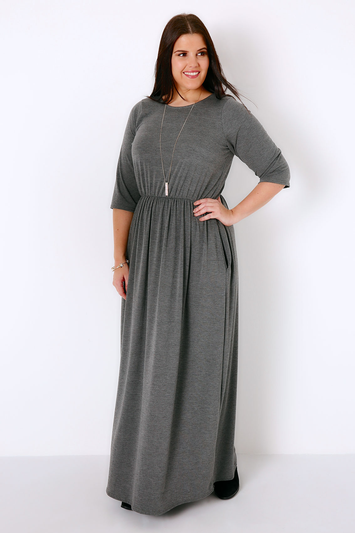 Charcoal Grey Jersey Maxi Dress With Ruched Waist, Plus size 16 to 32