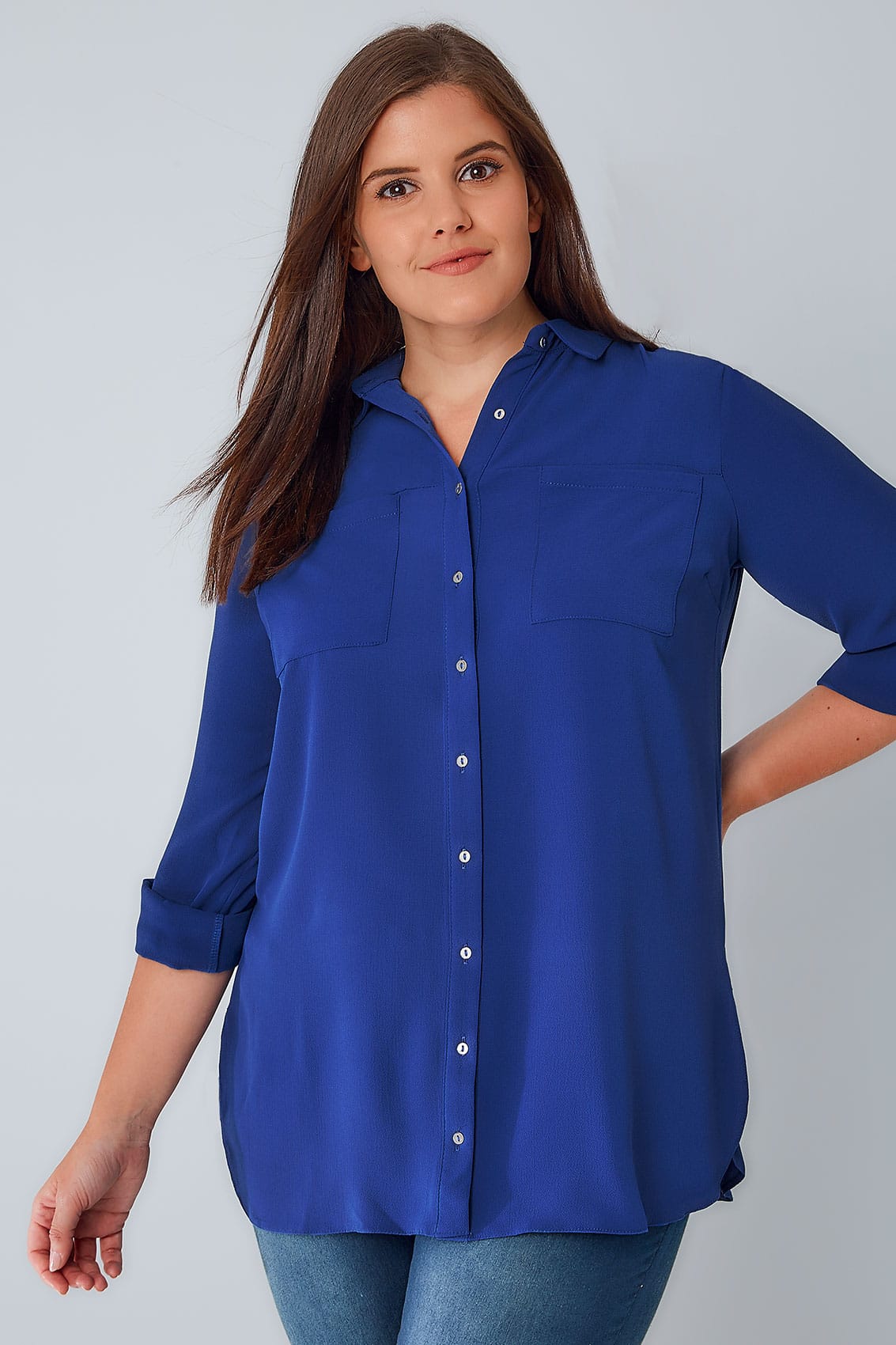 Cobalt Blue Button-Up Crepe Shirt With Pockets & Split Side Hem, Plus ...