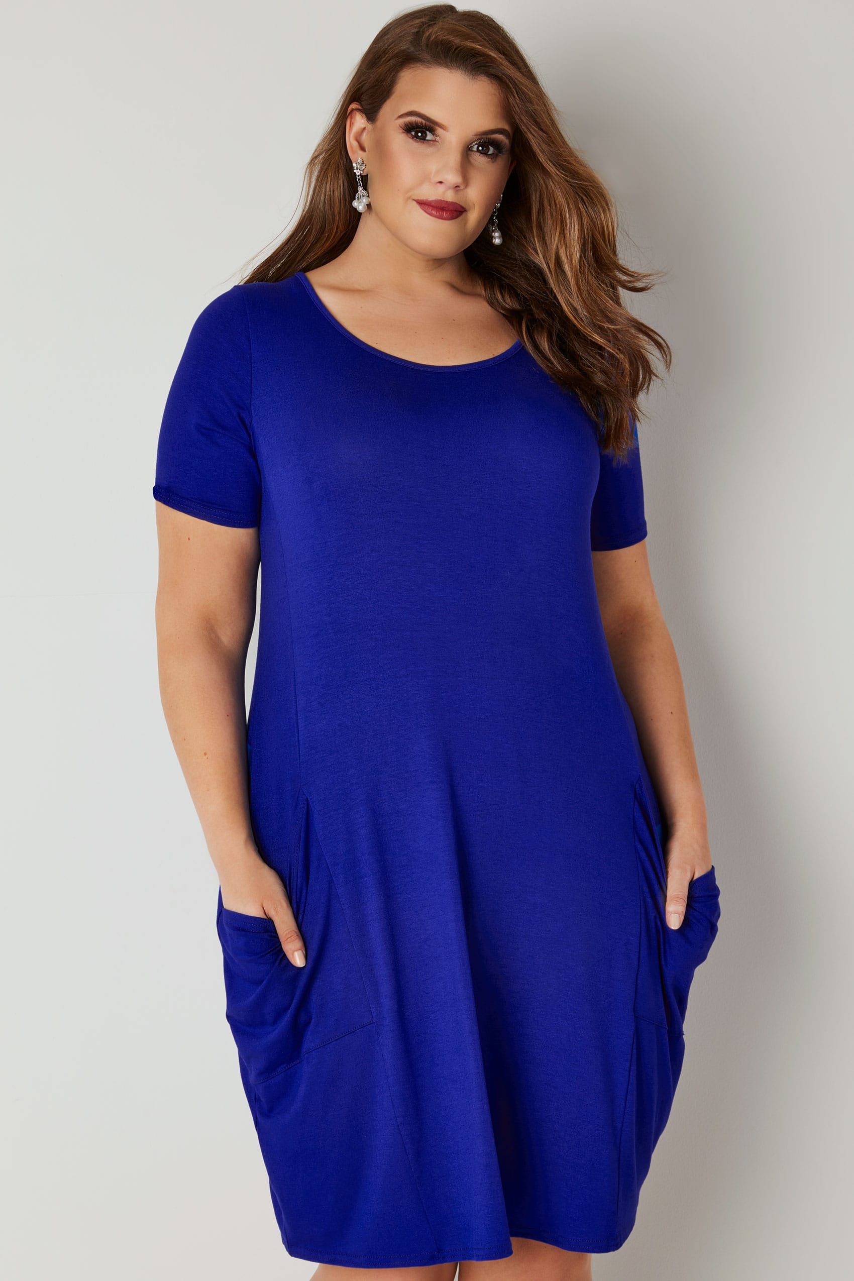 Cobalt Blue Draped Pocket Jersey Dress, plus size 16 to 36