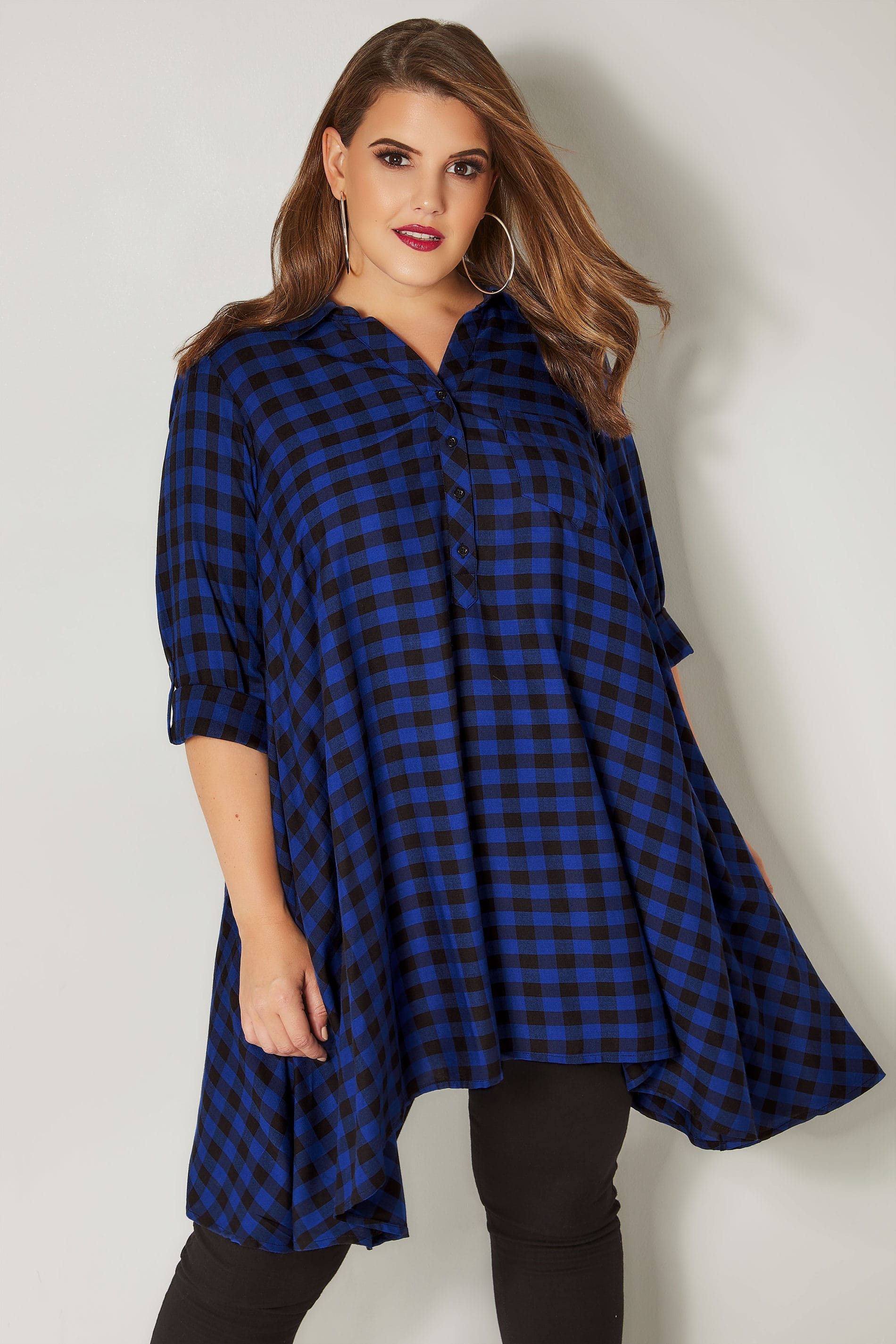 Cobalt Blue Longline Checked Shirt With Hanky Hem, plus size 16 to 36