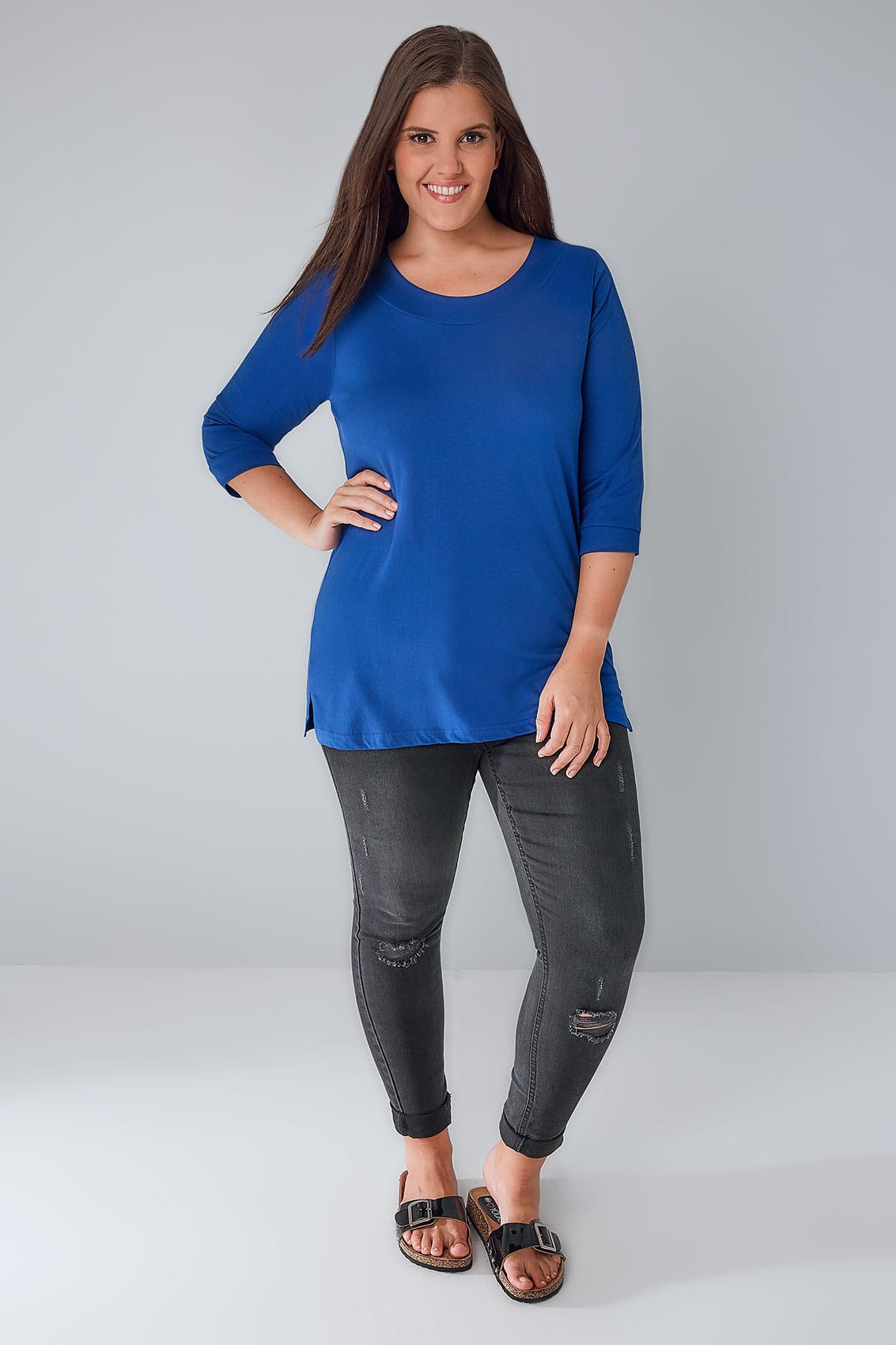 Cobalt Blue Scoop Neckline Basic T-Shirt With 3/4 Sleeves plus Size 16 ...