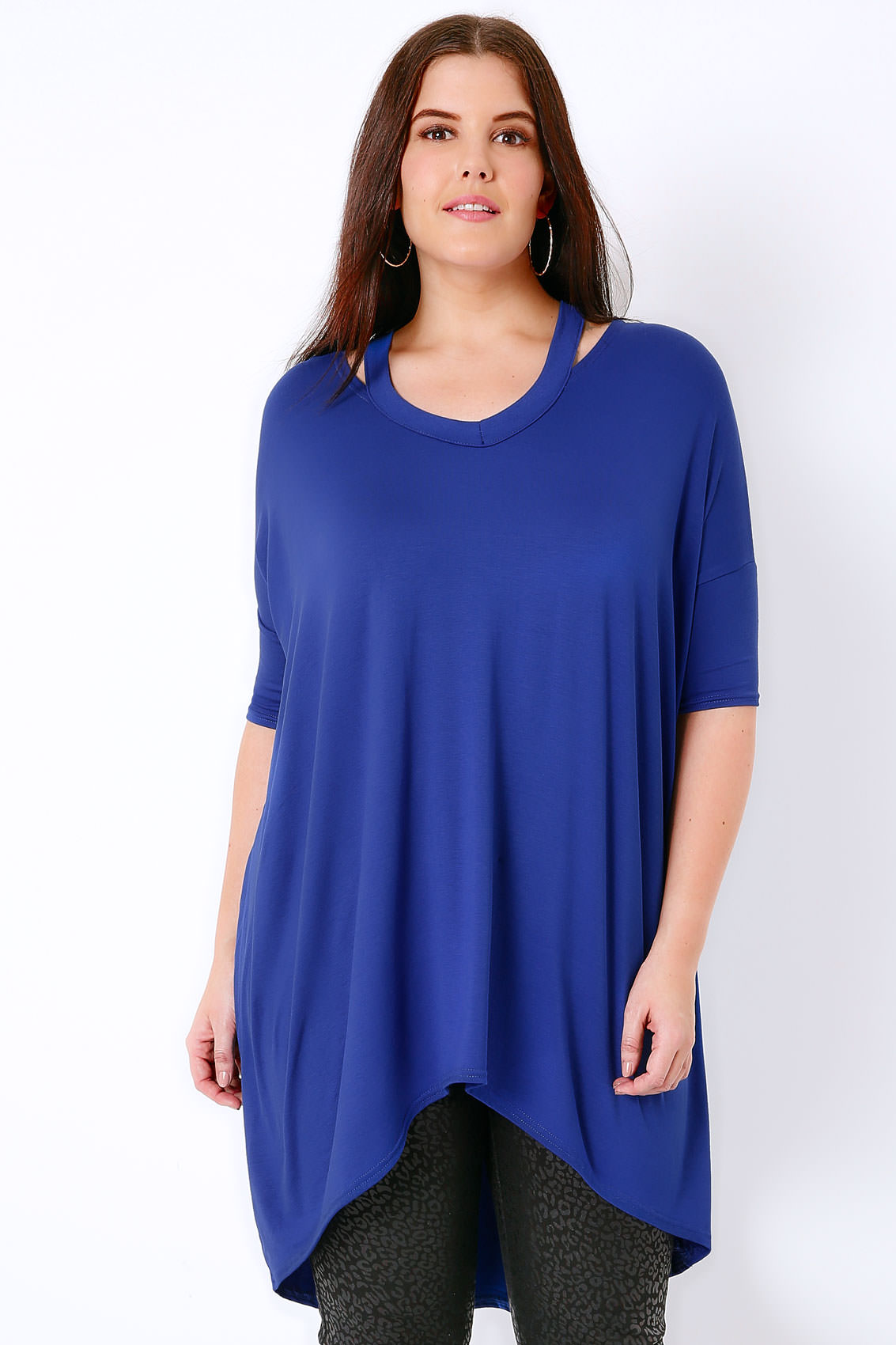 Cobalt Blue Split Neck Top With Extreme Dipped Hem, Plus size 16 to 36
