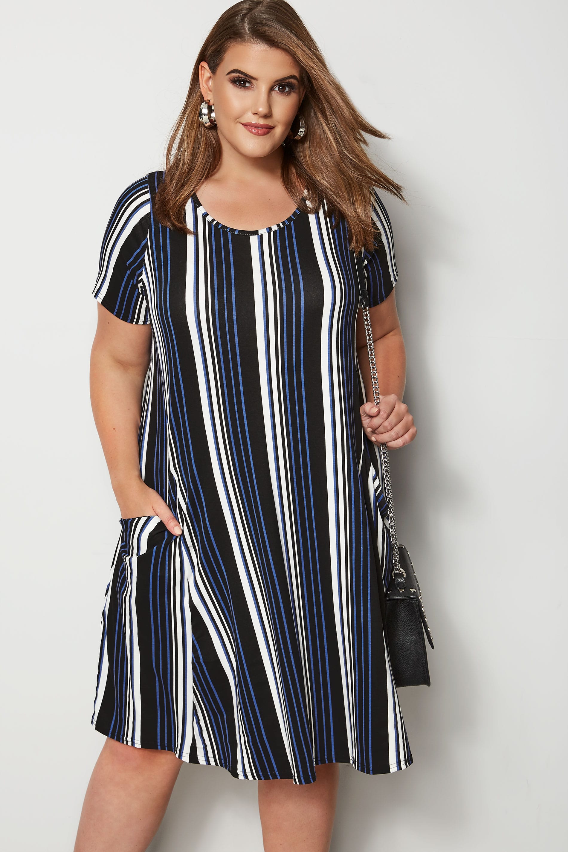 Cobalt Blue Striped Drape Pocket Dress, plus size 16 to 36