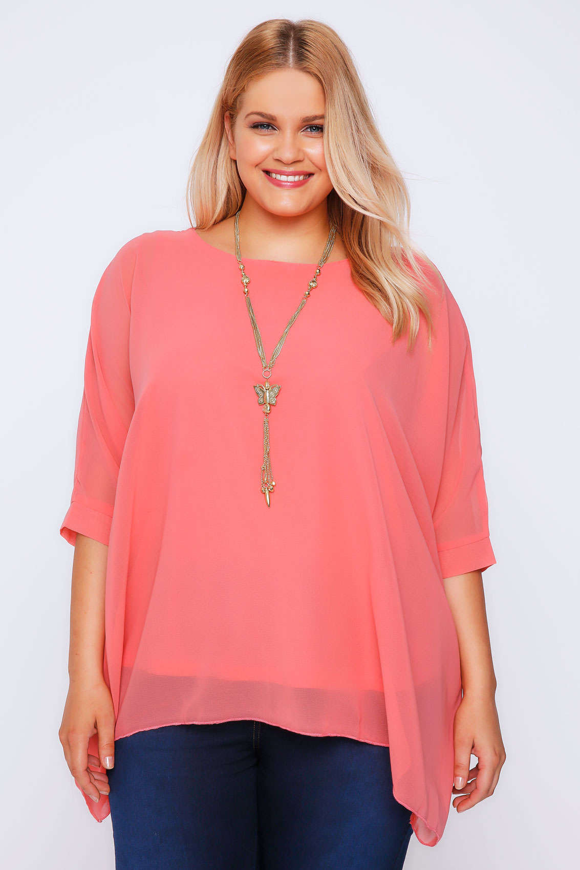 Coral Batwing Sleeve Chiffon Top With Necklace Plus Size 14 to 32