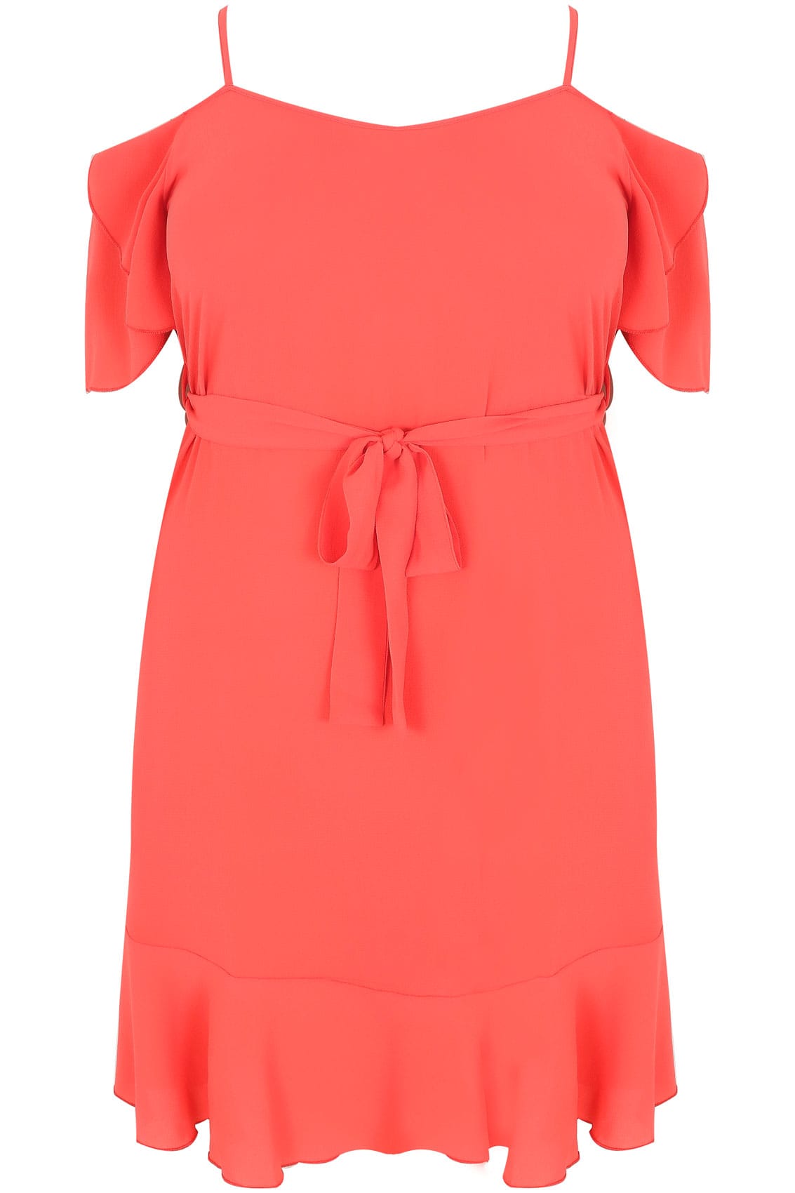 Coral Cold Shoulder Swing Dress With Frill Hem, Plus size 16 to 36