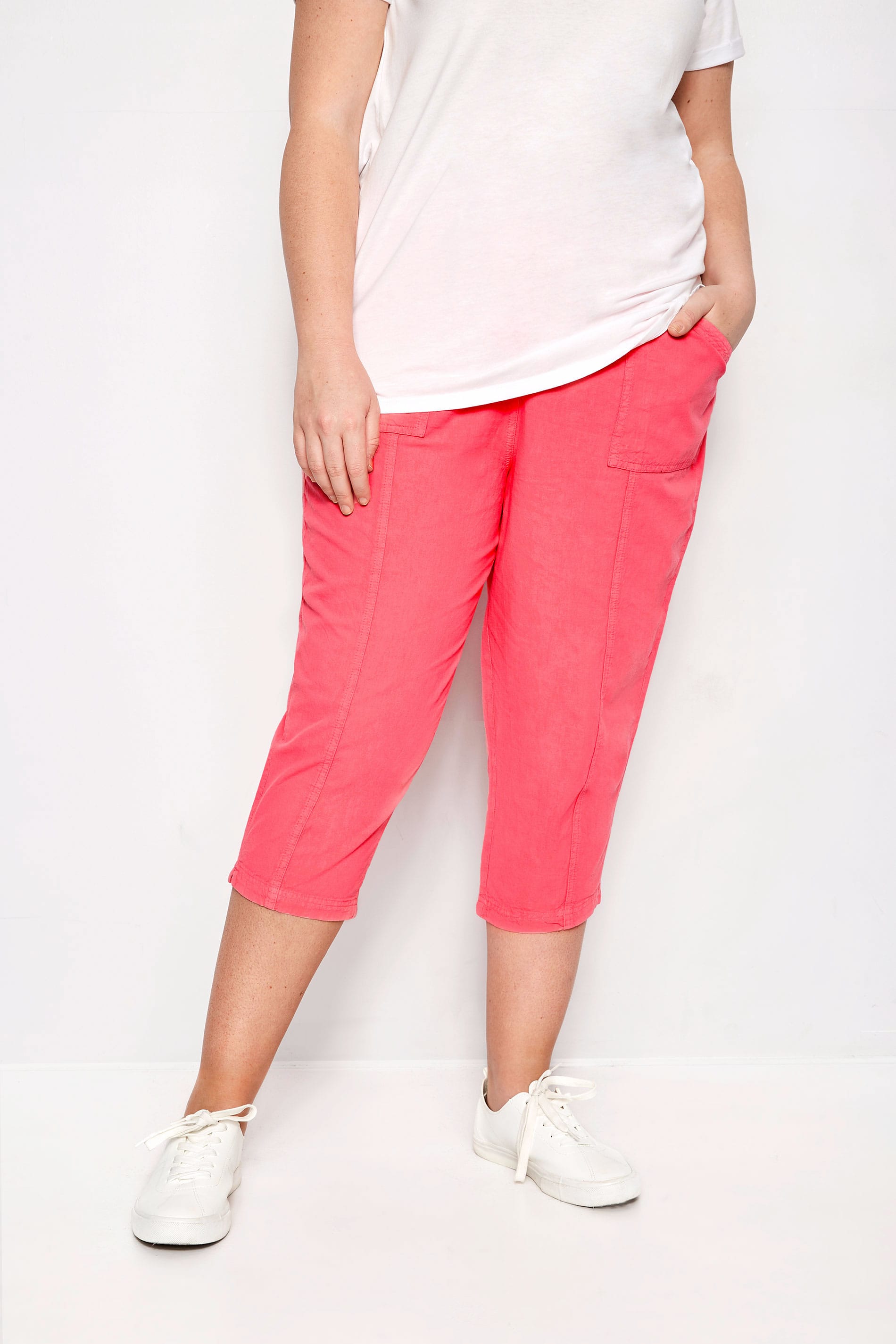 Plus Size Coral Cotton Cropped Trousers Sizes 16 To 36