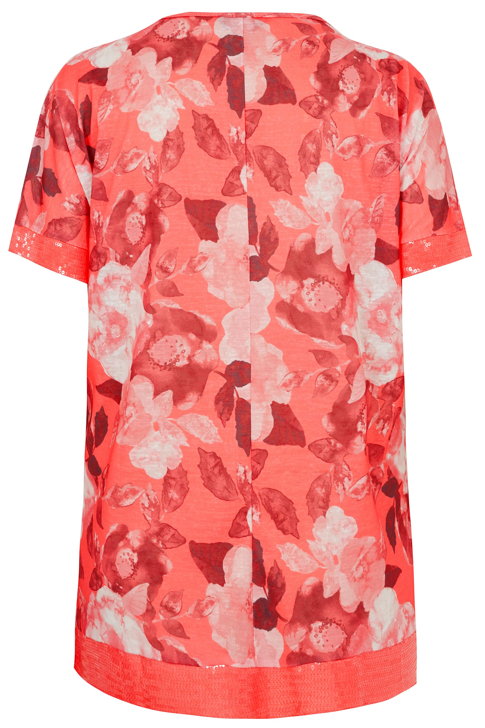 Coral Embellished Watercolour Floral T-Shirt, plus size 16 to 36