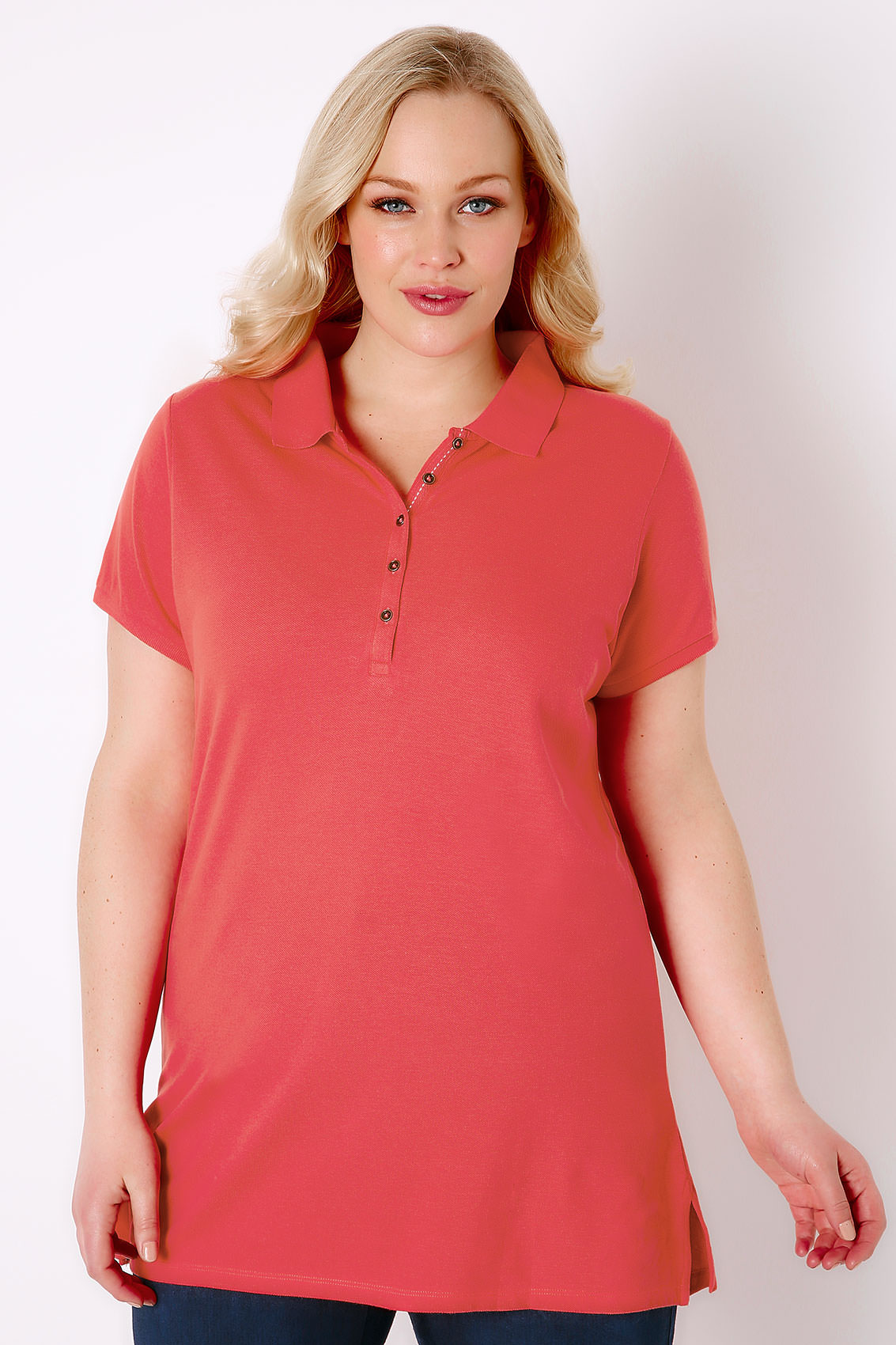 coral color polo shirt