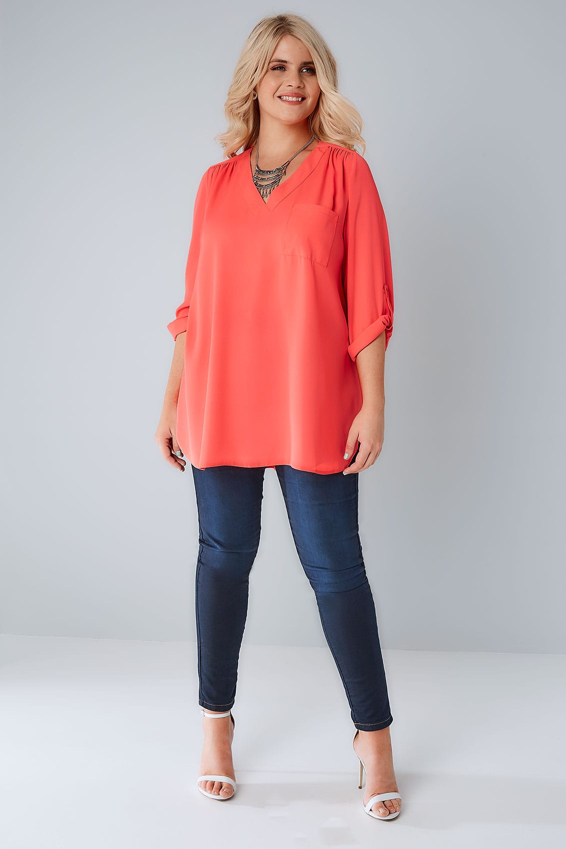 Coral Woven V-Neck Blouse With Pocket, Plus size 16 to 32