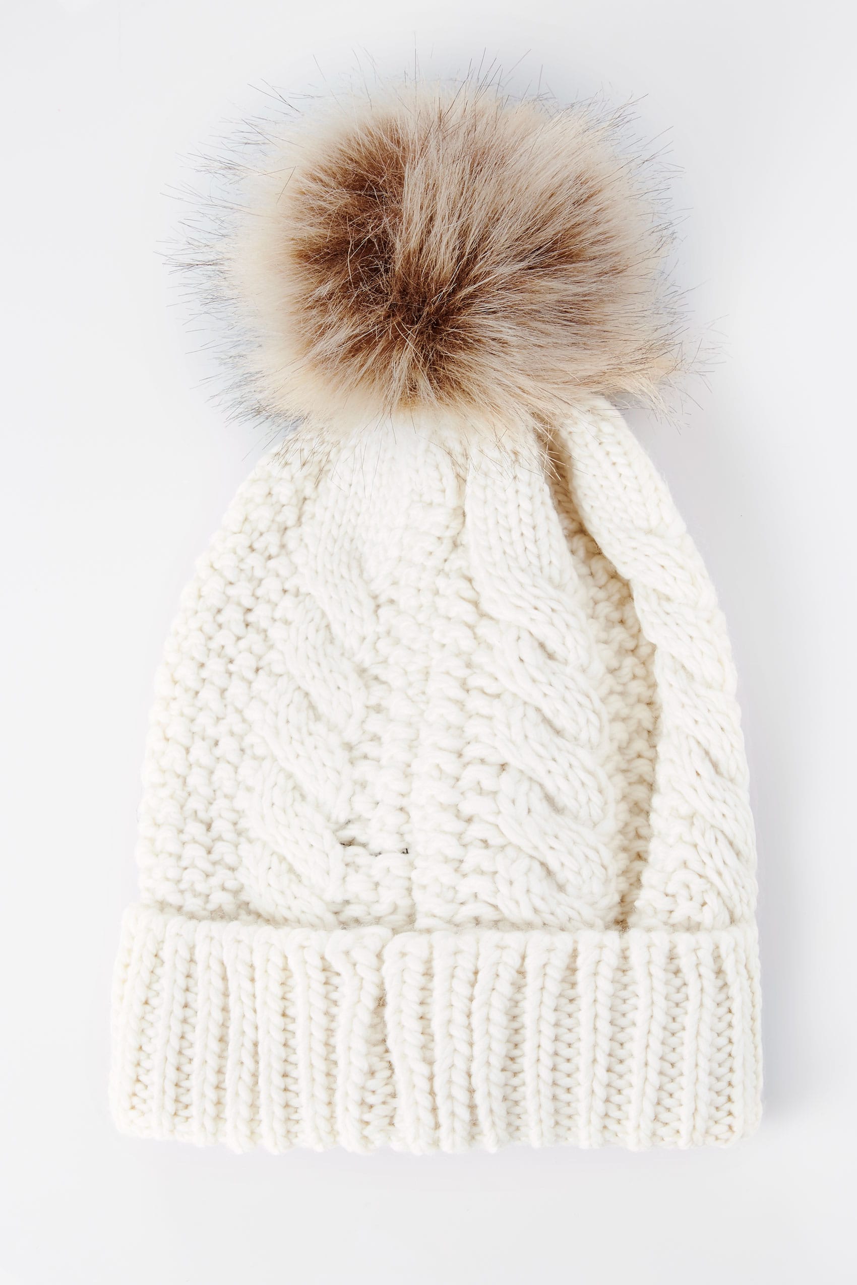 Cream Cable Knit Hat With PomPom