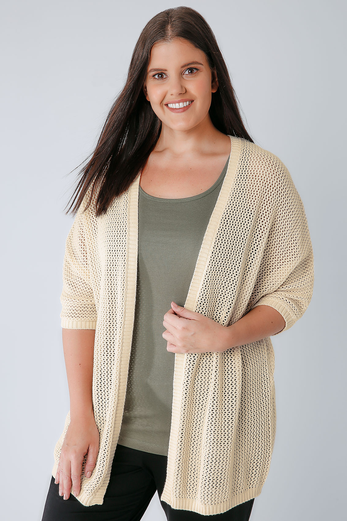 Cream Chunky Knit Cocoon Cardigan With Short Sleeves, Plus size 16 to 36