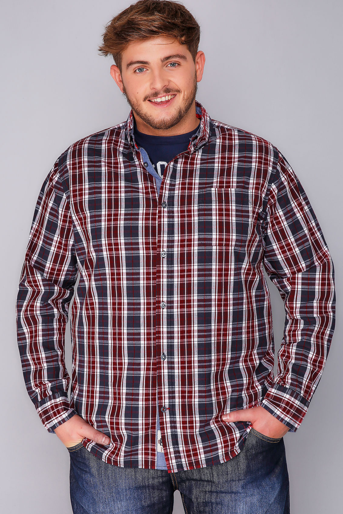 D555 Red, White & Navy Checked Shirt & Printed T-Shirt Combo - TALL ...
