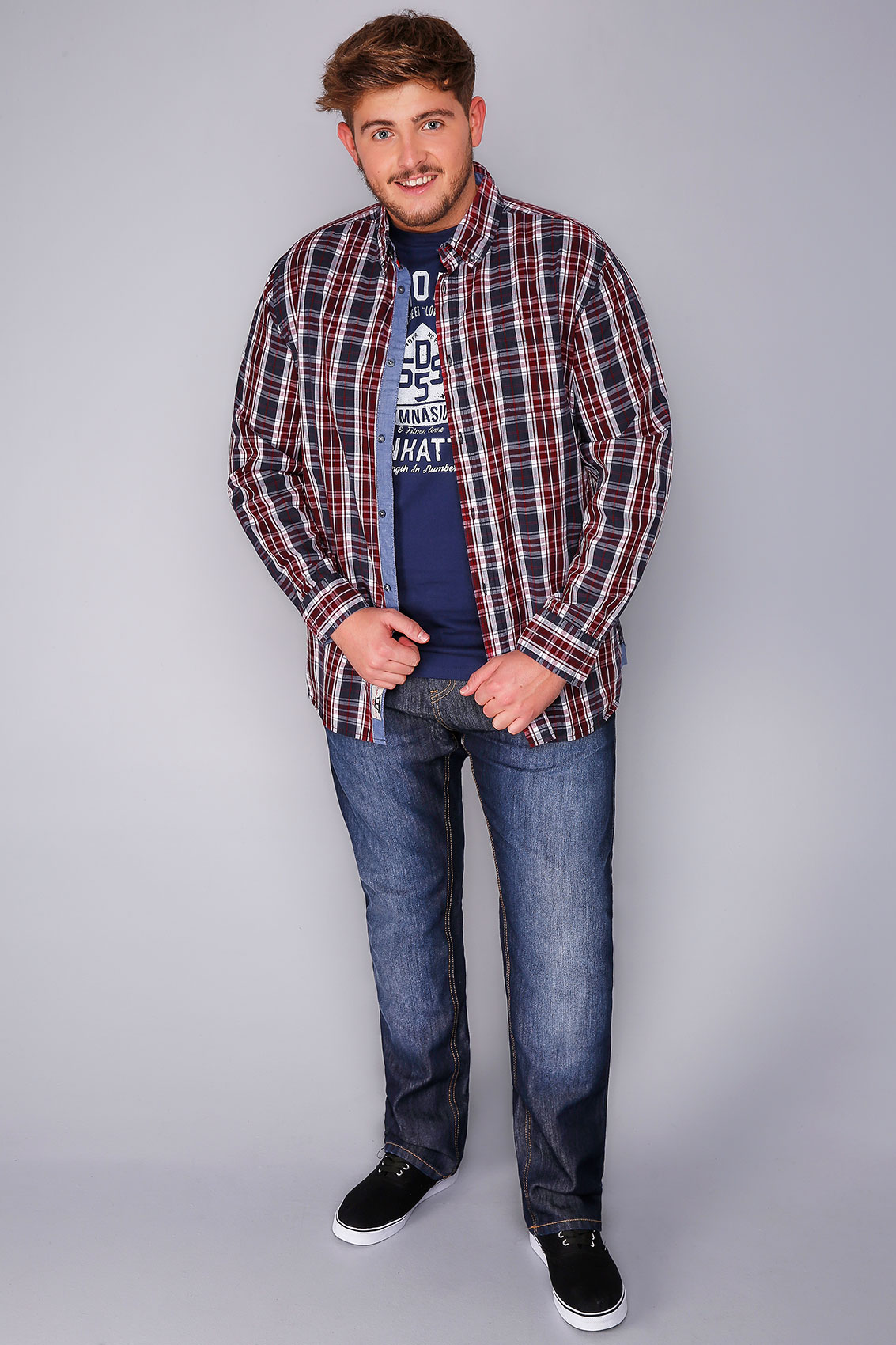 D555 Red, White & Navy Checked Shirt & Printed T-Shirt Combo - TALL ...
