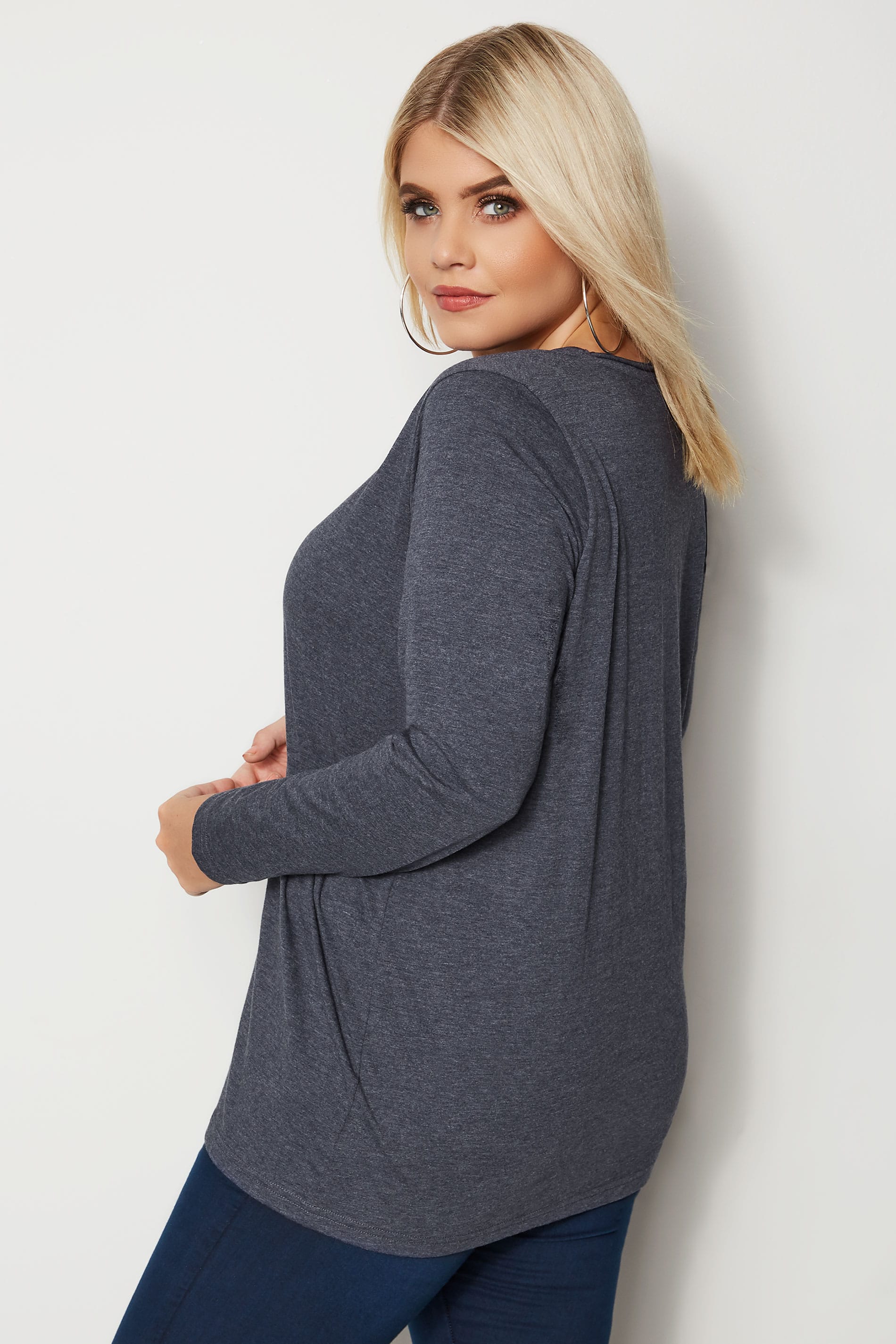 Dark Blue Long Sleeved V-Neck Jersey Top, plus size 16 to 36