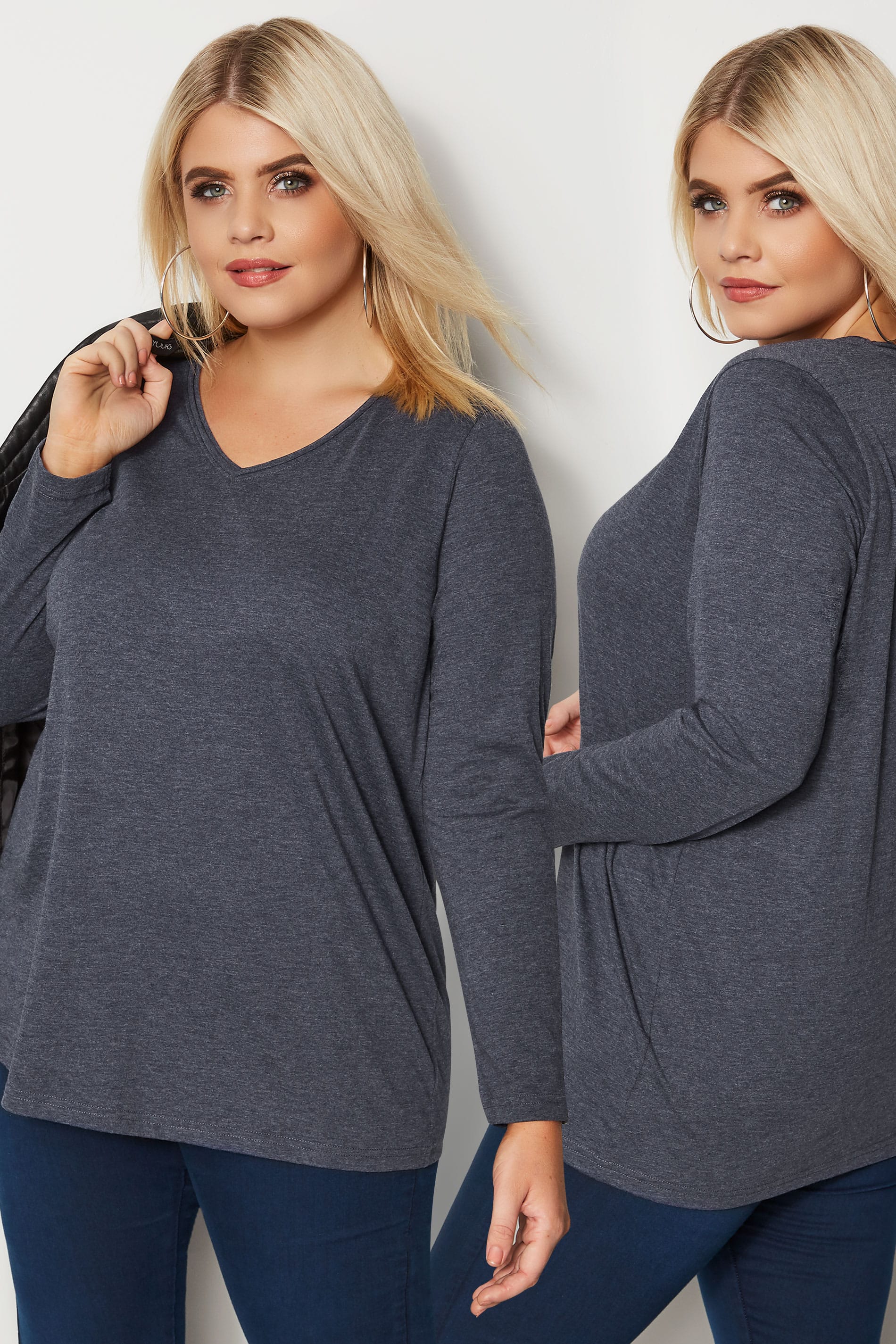 Download Dark Blue Long Sleeved V-Neck Jersey Top, plus size 16 to 36
