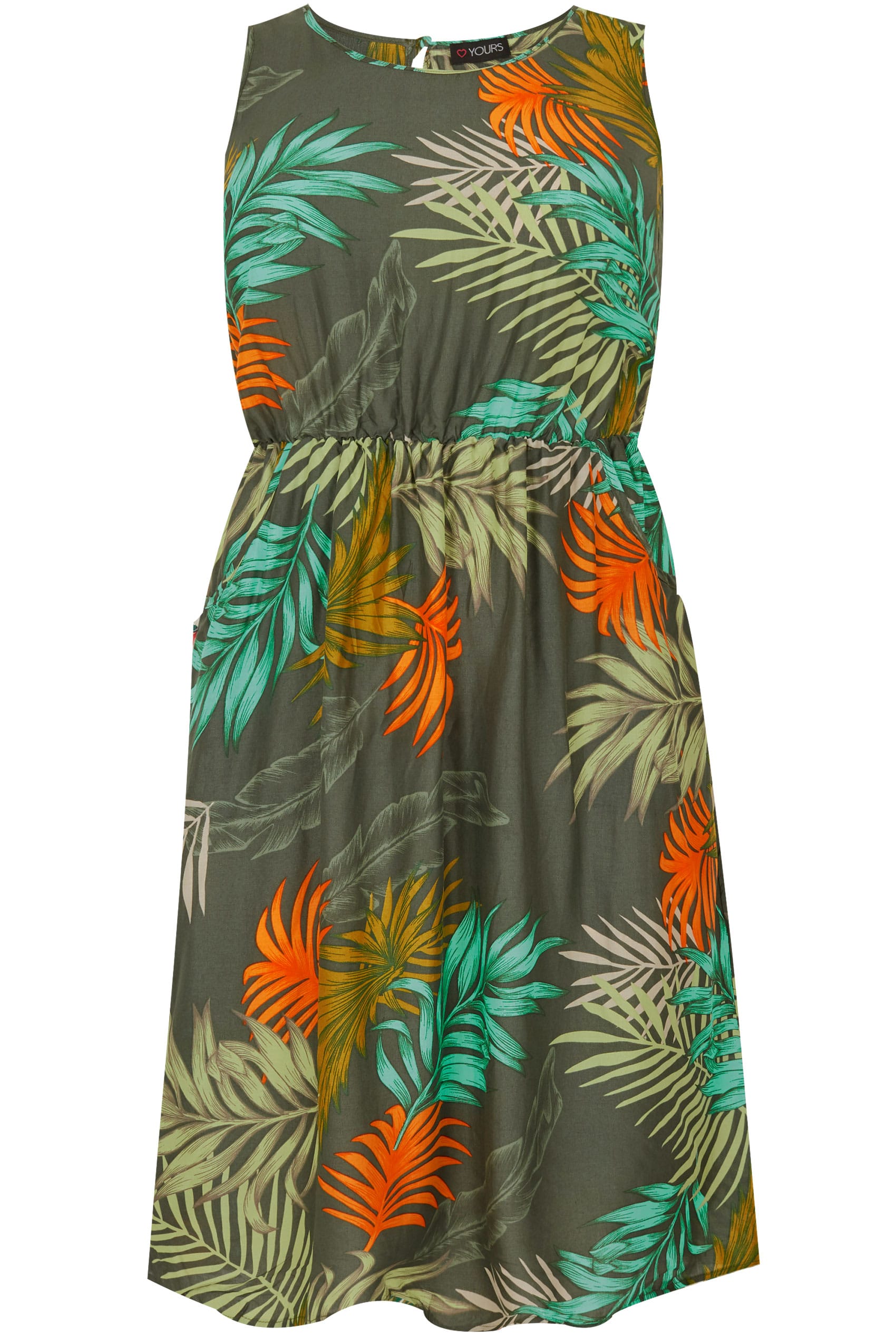 Dark Green & Orange Palm Print Pocket Dress With Elasticated Waist ...