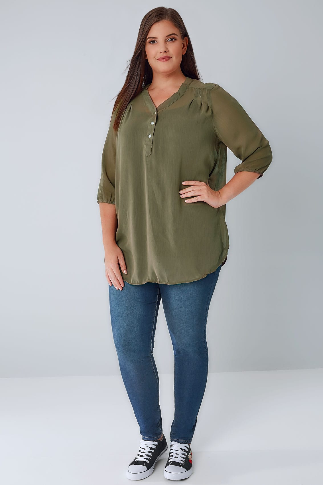Dark Green Sheer Chiffon Button-Up Blouse With 3/4 Length Sleeves plus ...