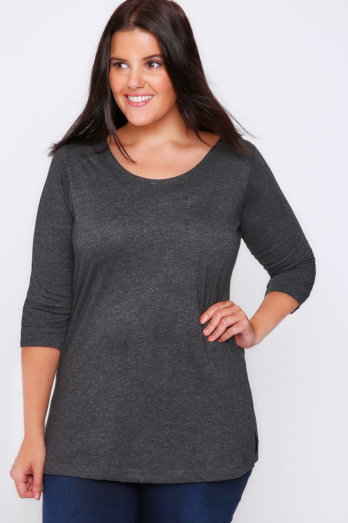 Dark Grey Band Scoop Neckline T-Shirt With 3/4 Sleeves plus Size 16 to 32