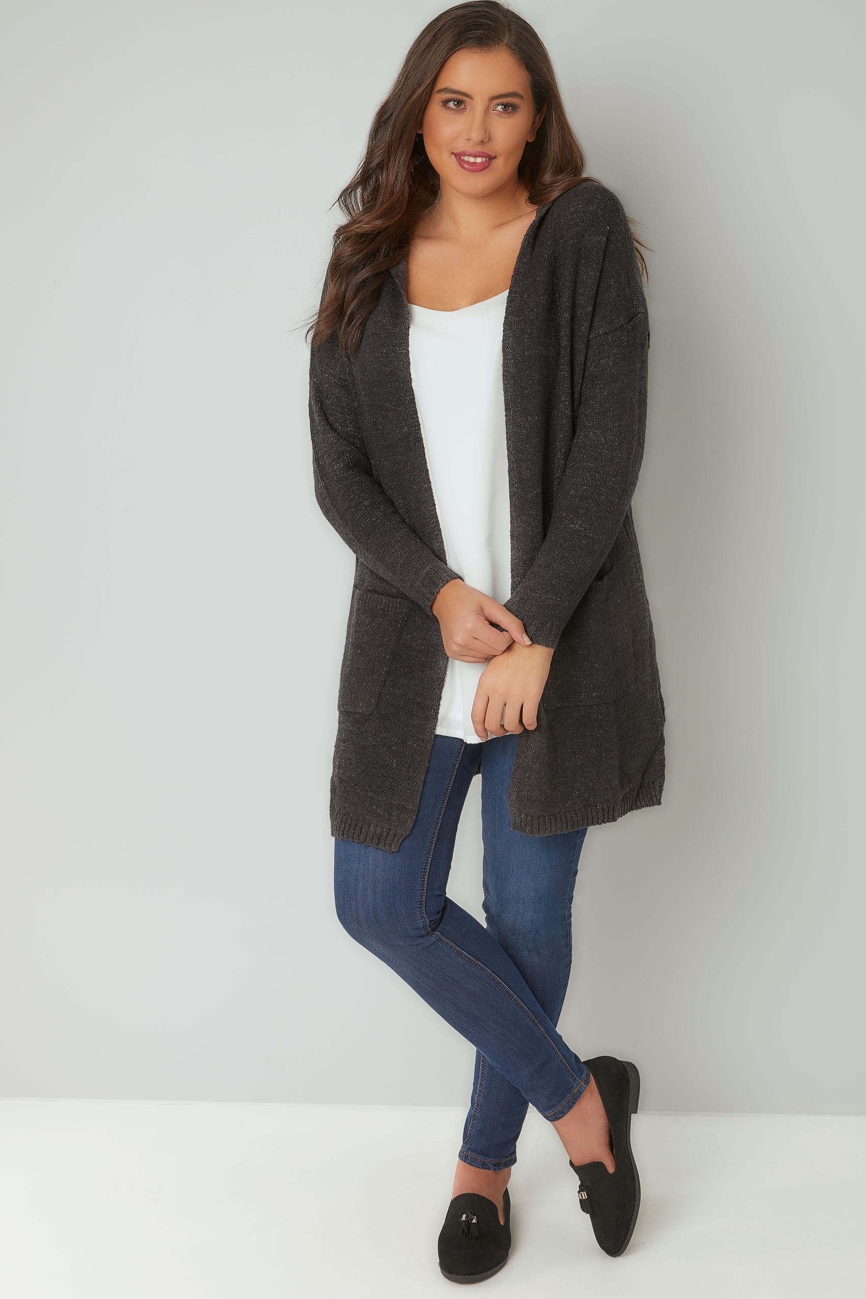 Dark Grey Hooded Cardigan With Pockets, Plus size 16 to 36