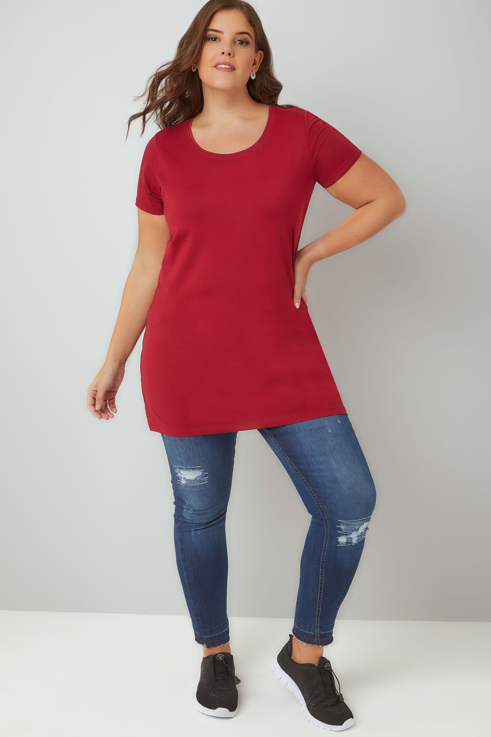 Dark Pink Scoop Neck Longline Jersey T-Shirt, Plus Size 16 to 36