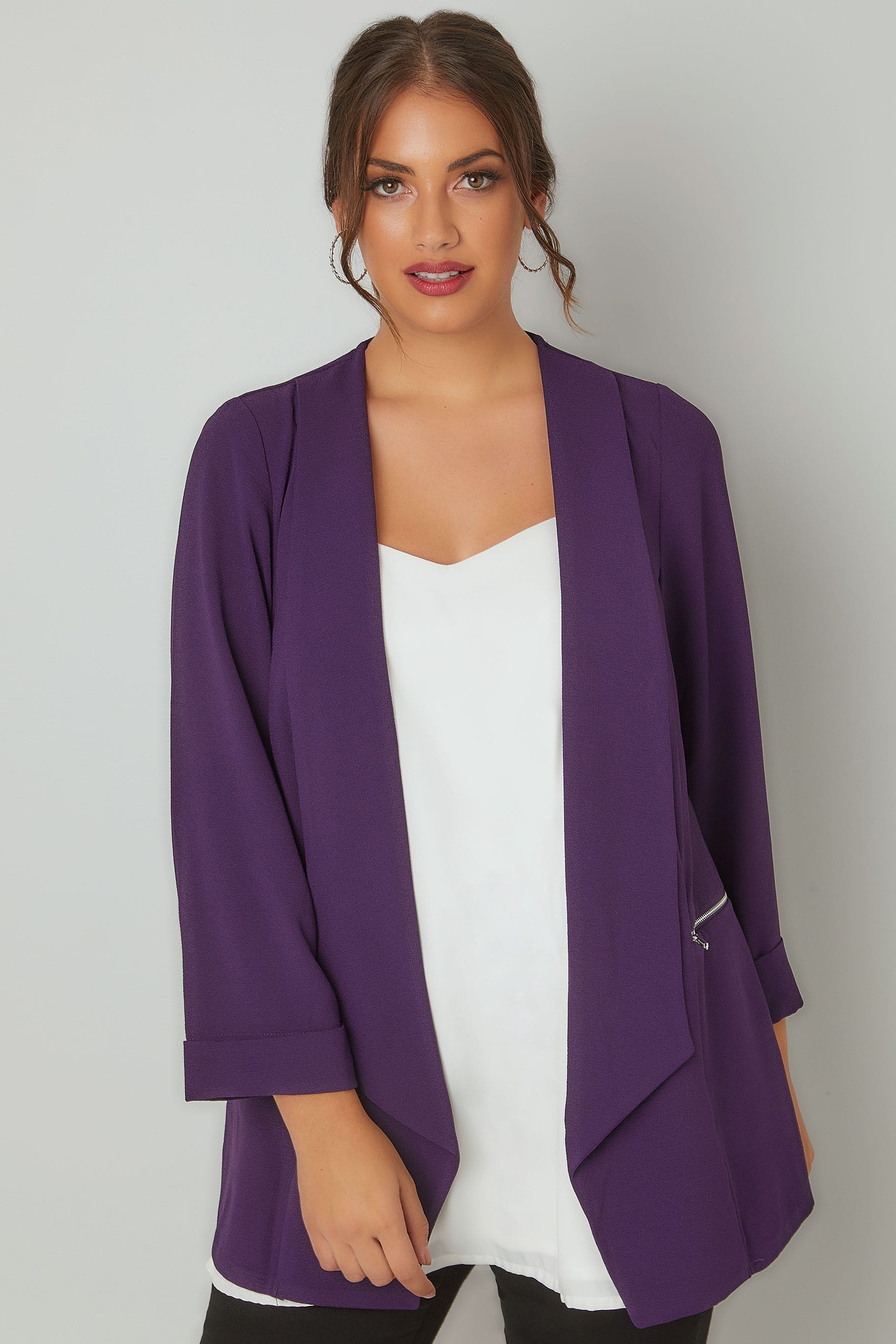 Dark Purple Bubble Crepe Blazer Jacket With Zip Pockets, Plus size 16 to 36