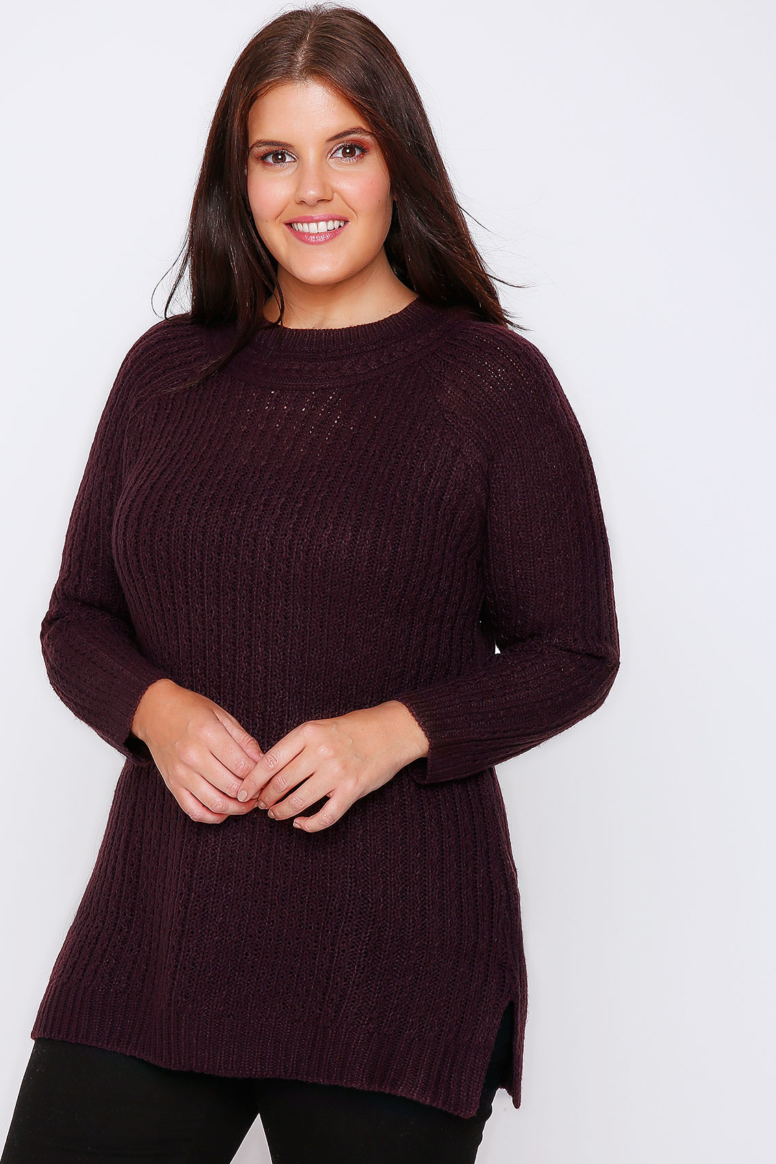 Dark Purple Cable Knit Long Sleeve Jumper Plus Size 16 to 32