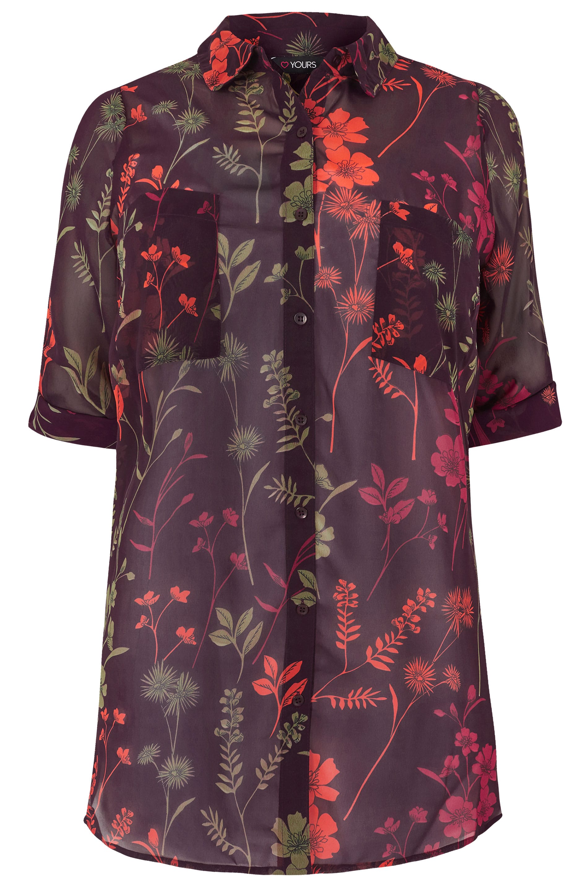 Dark Purple Floral Chiffon Shirt, Plus size 16 to 32