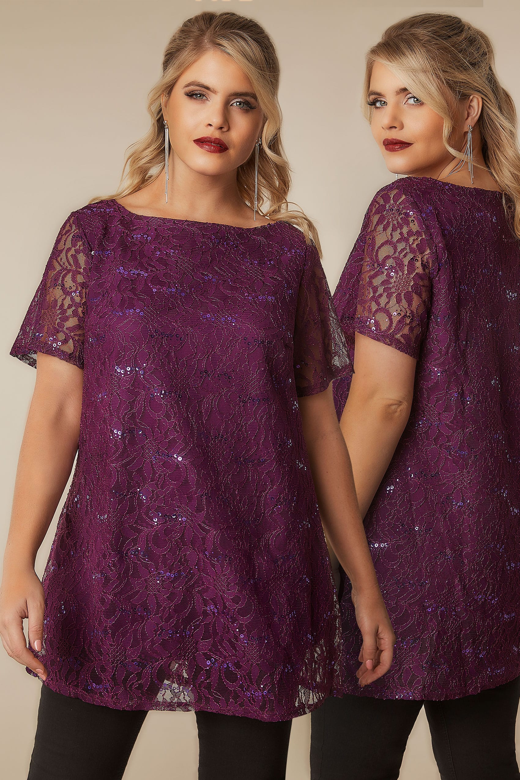 Dark Purple Lace Shell Top With Sequin Details, plus size 16 to 36