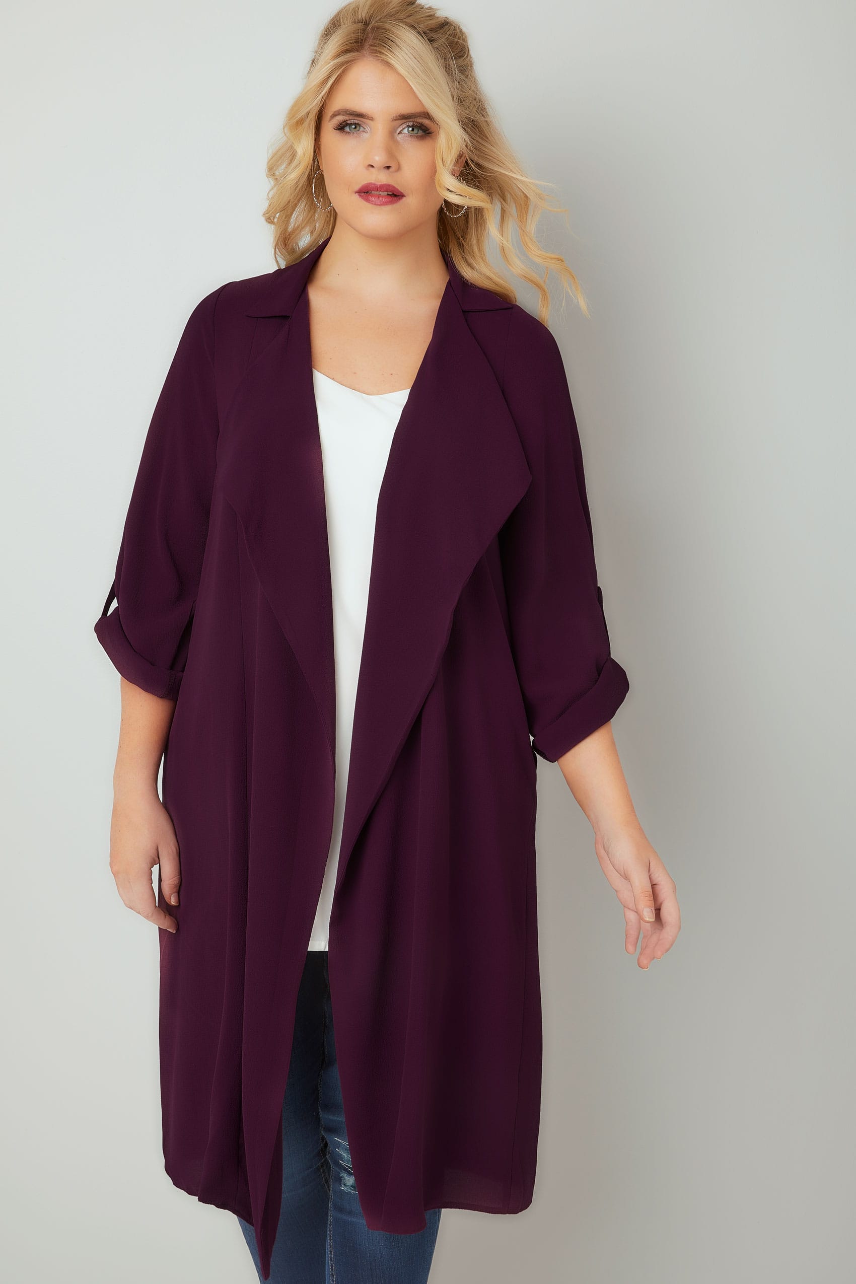 Dark Purple Lightweight Duster Jacket With Waterfall Front, Plus size ...