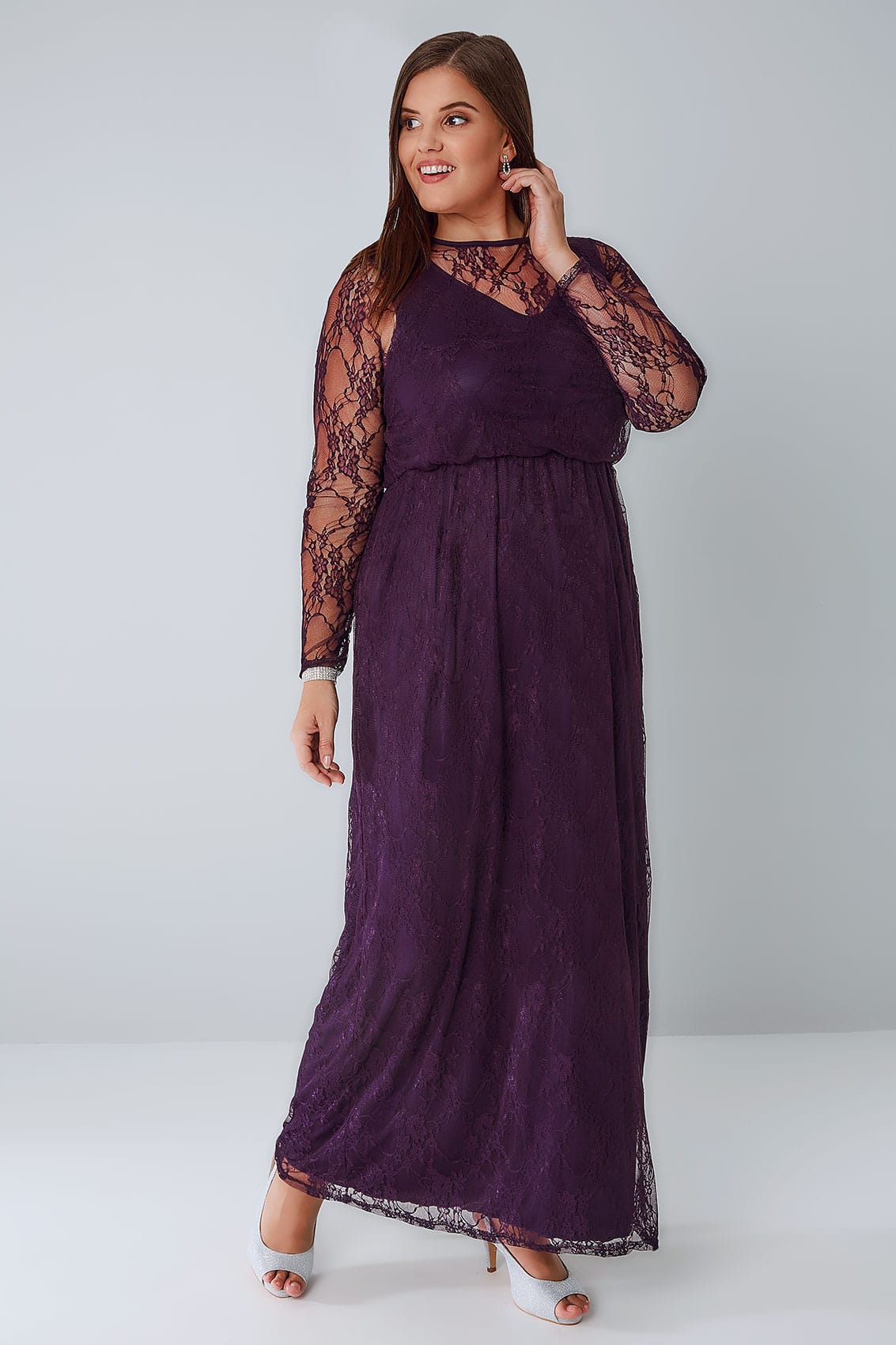 Deep Purple Lace Long Sleeve Maxi Dress With Elasticated Waist Plus 0053