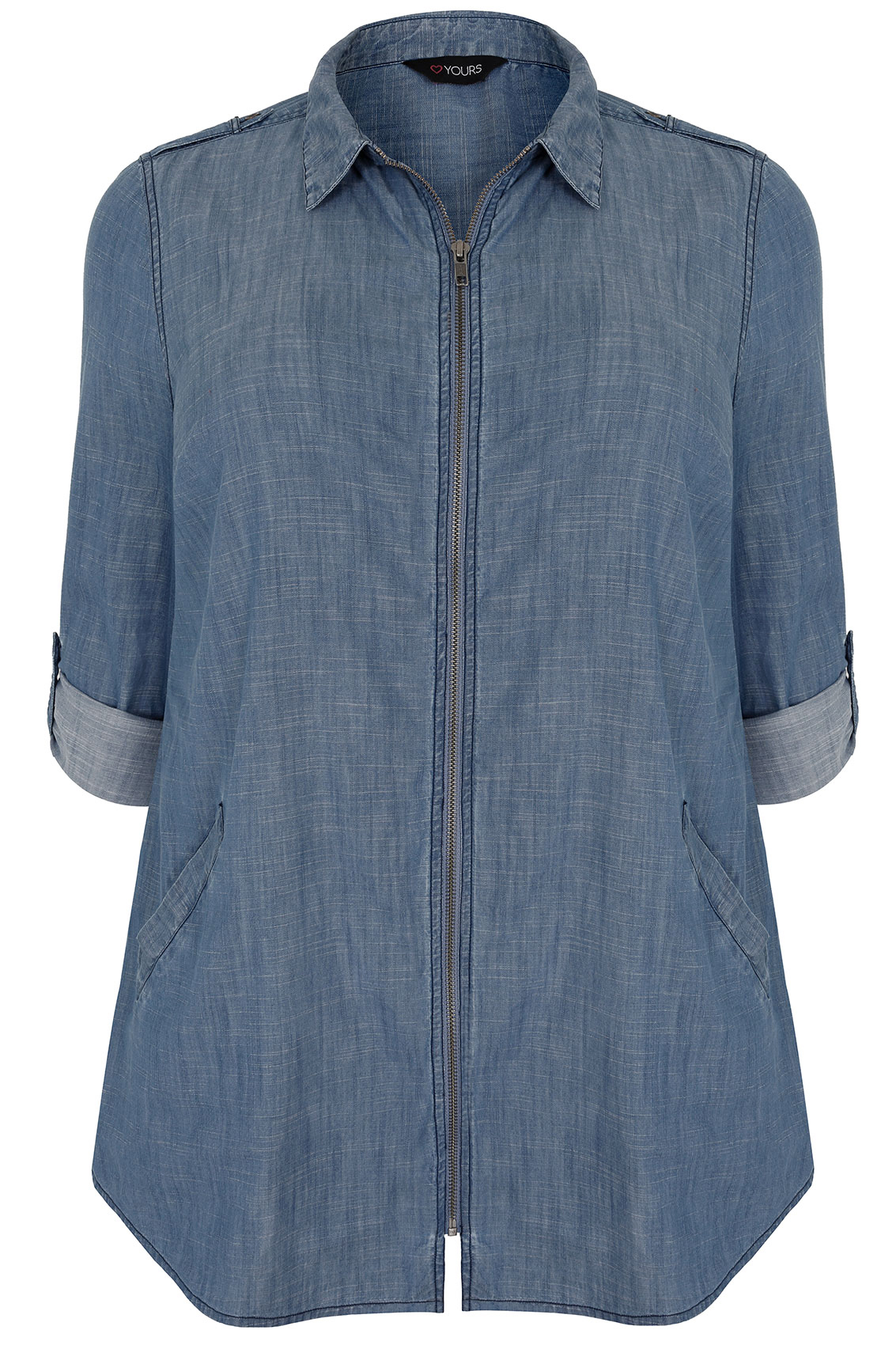 Denim Blue Chambray Zip Through Shacket With Pockets plus size 16 to 36