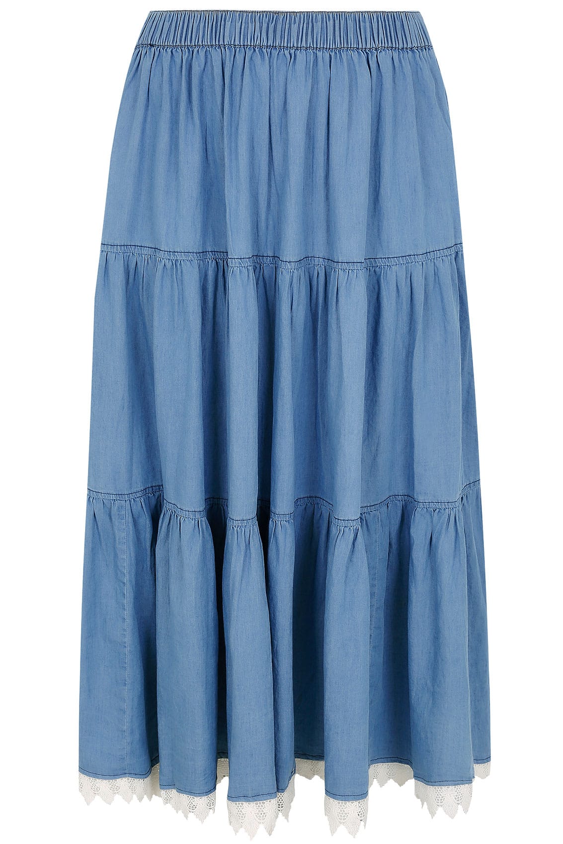 Denim Blue Tiered Maxi Skirt With Lace Trim Hem, Plus size 16 to 36