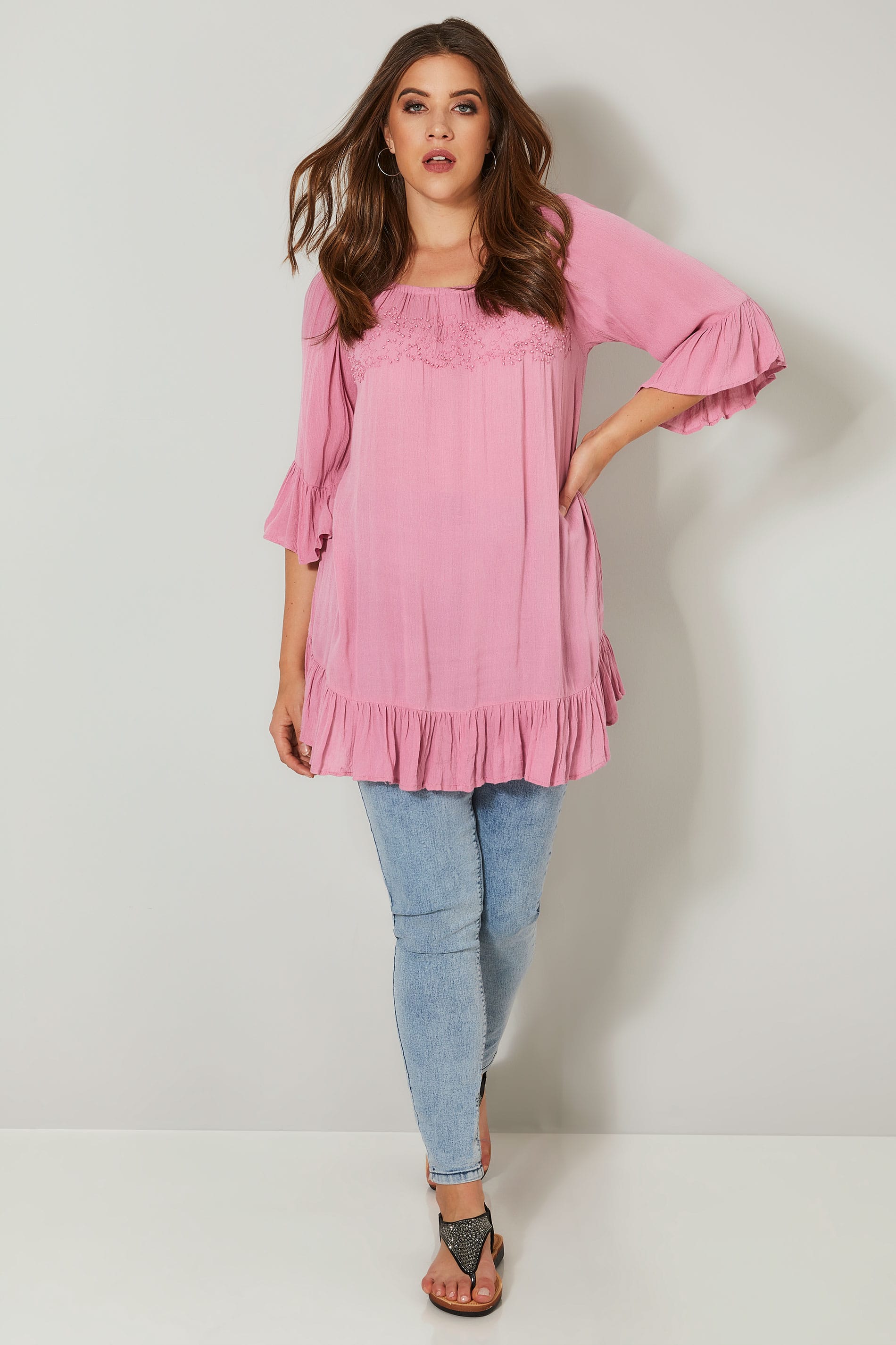 Dusky Pink Bardot Gypsy Top With Beaded Details & Flute Sleeves, Plus ...
