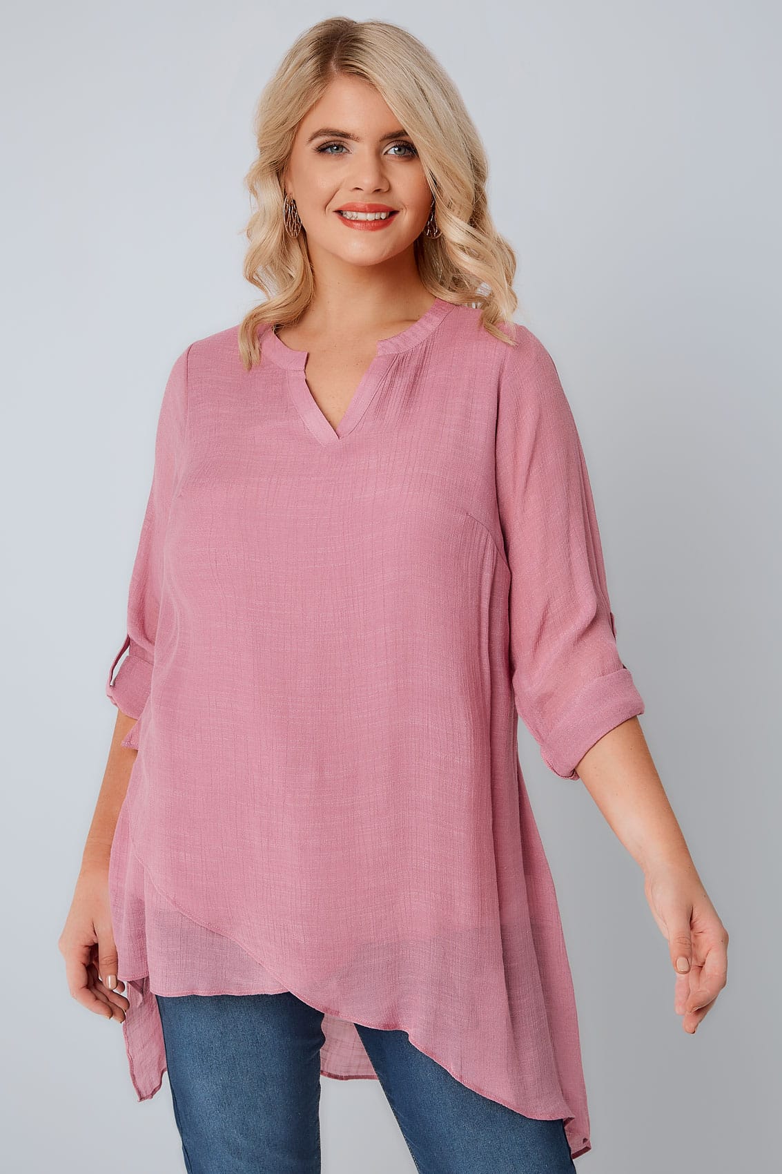 Dusky Pink Layered Blouse With Notch Neck & Dipped Hem, Plus size 16 to 36