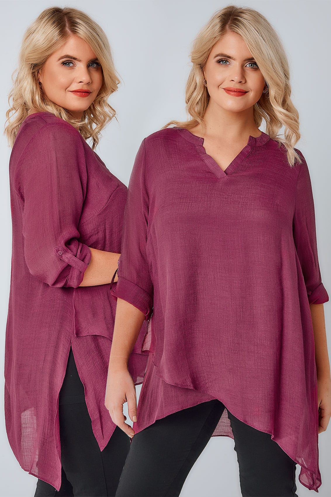 Dusky Rose Pink Layered Blouse With Notch Neck & Dipped Hem, Plus size ...