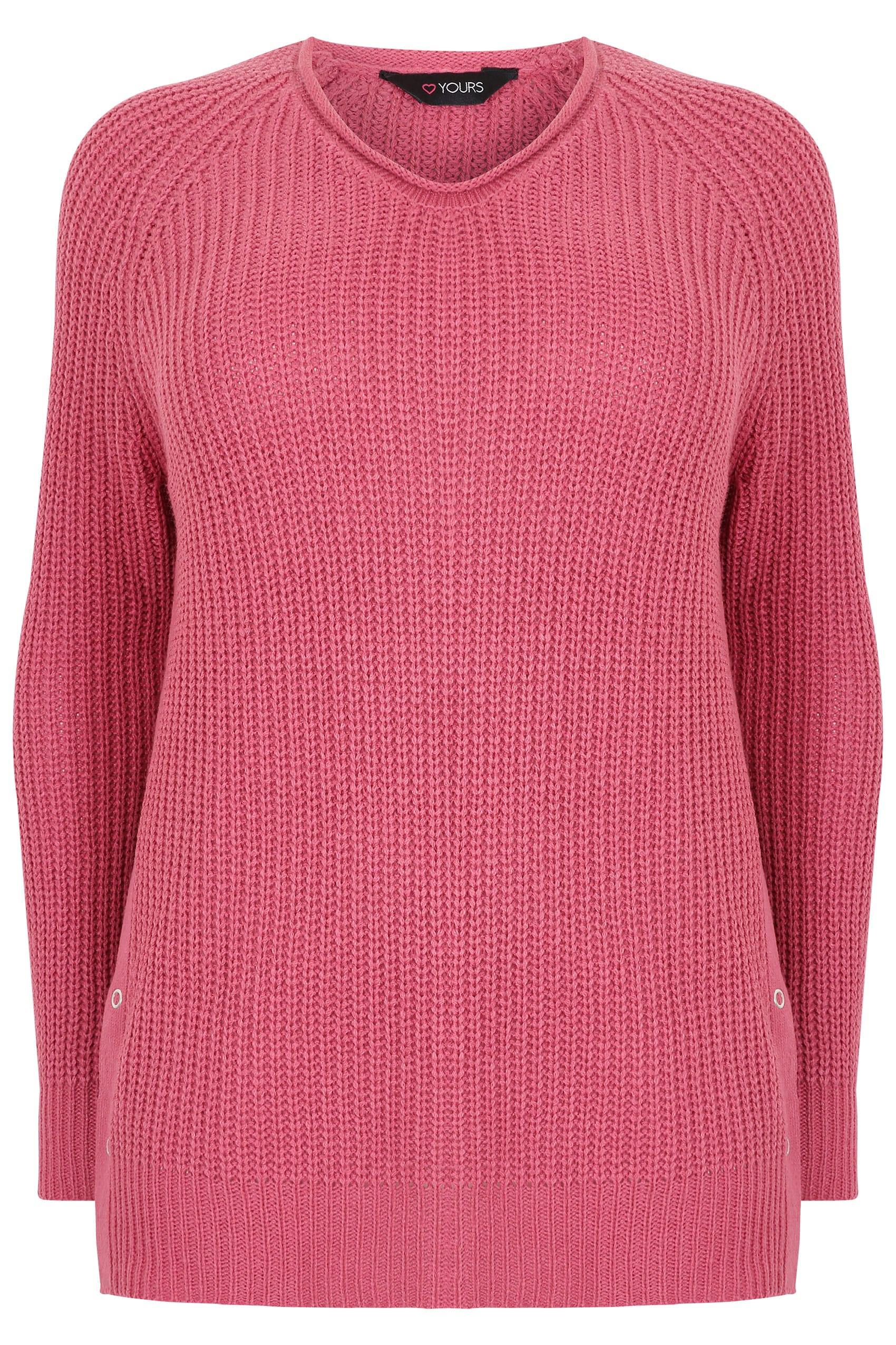 Dusty Pink Chunky Knit V-Neck Jumper With Popper Sides, Plus size 16 to 36